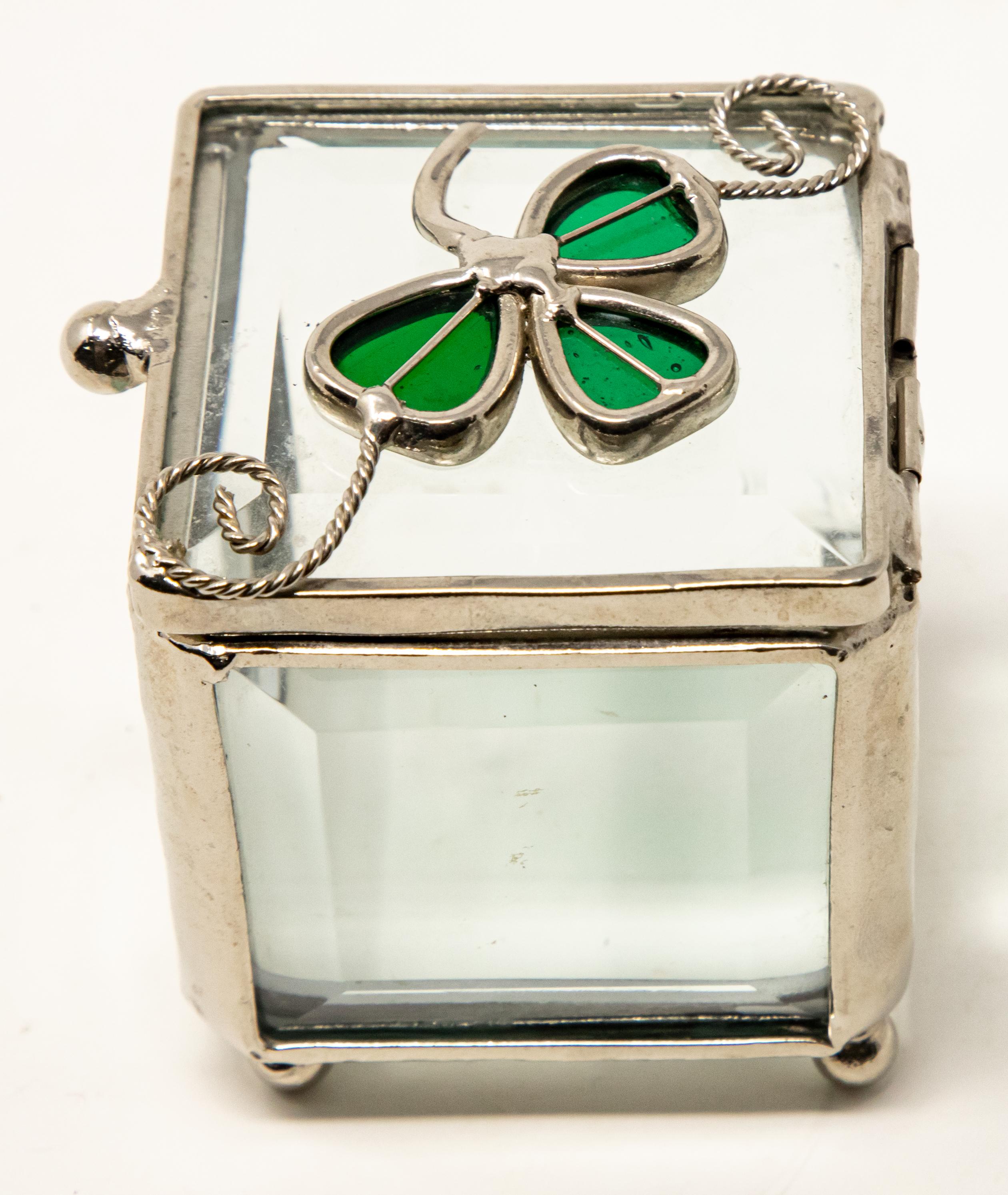 American Sterling Silver and Beveled Glass Trinket Box with Clover For Sale