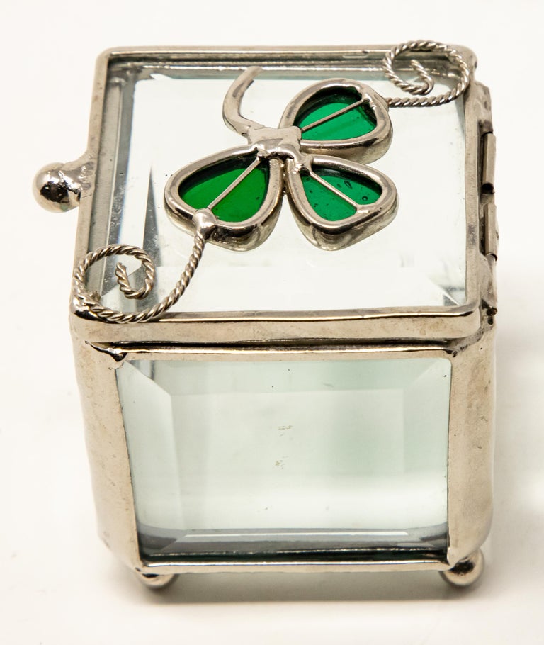 Sterling Silver and Beveled Glass Trinket Box with Clover For Sale at