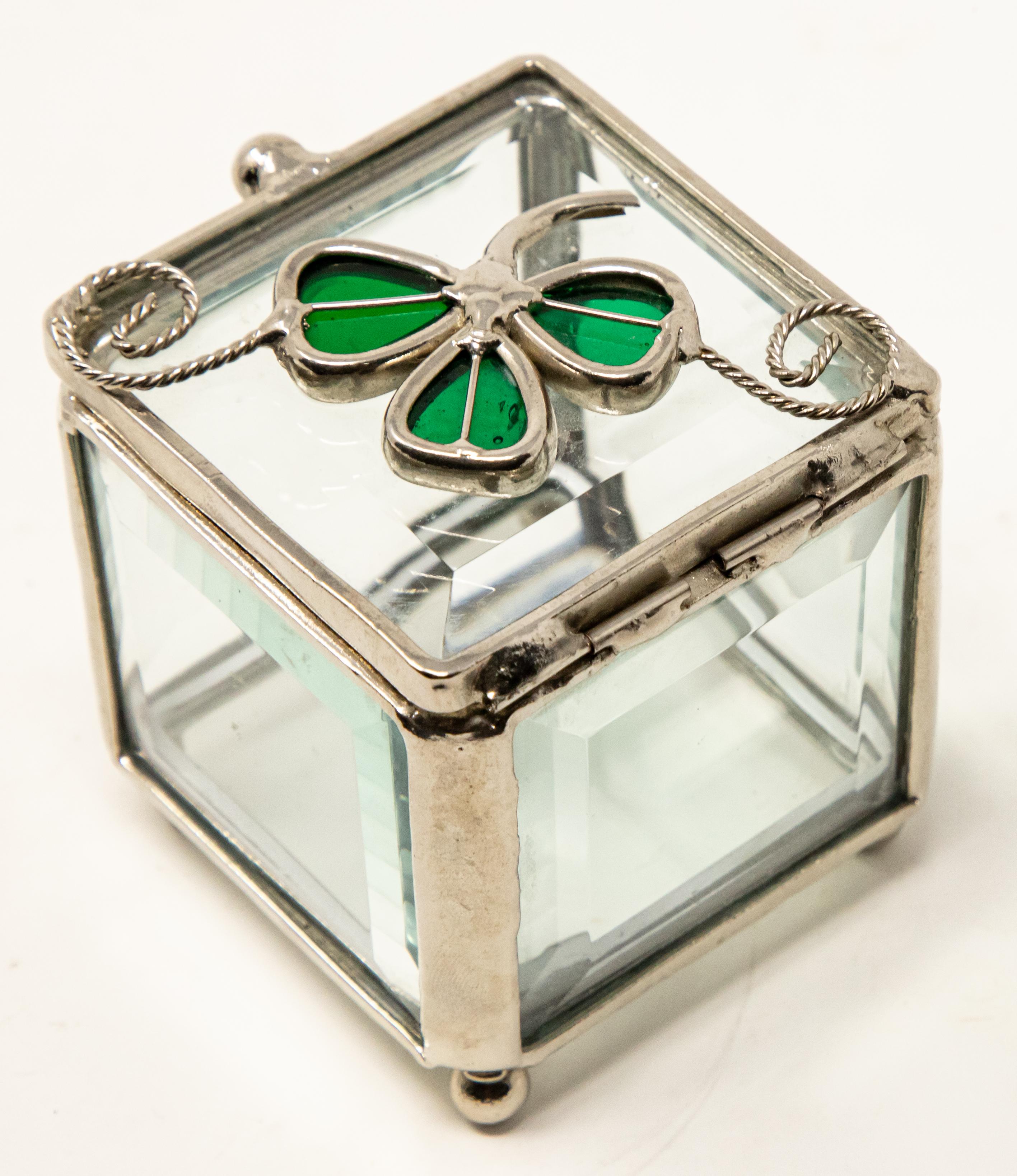 Metalwork Sterling Silver and Beveled Glass Trinket Box with Clover For Sale