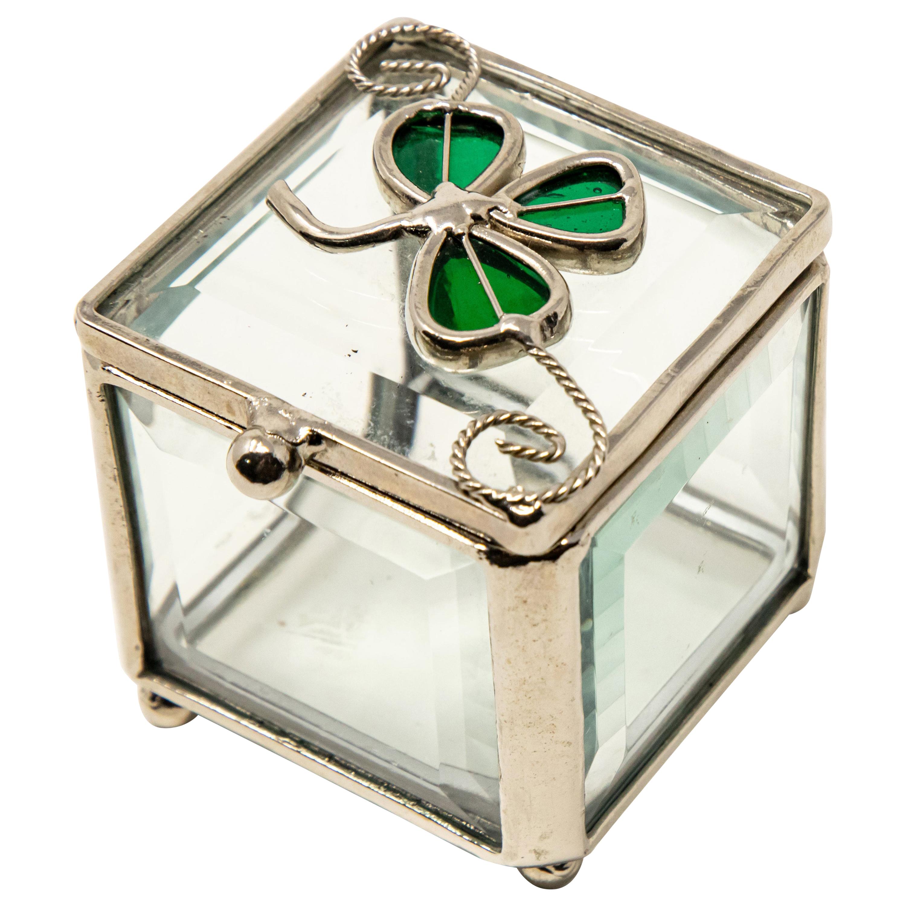 Sterling Silver and Beveled Glass Trinket Box with Clover For Sale