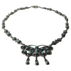 Sterling silver and bezel set turquoise TAXCO butterfly necklace, Taxco