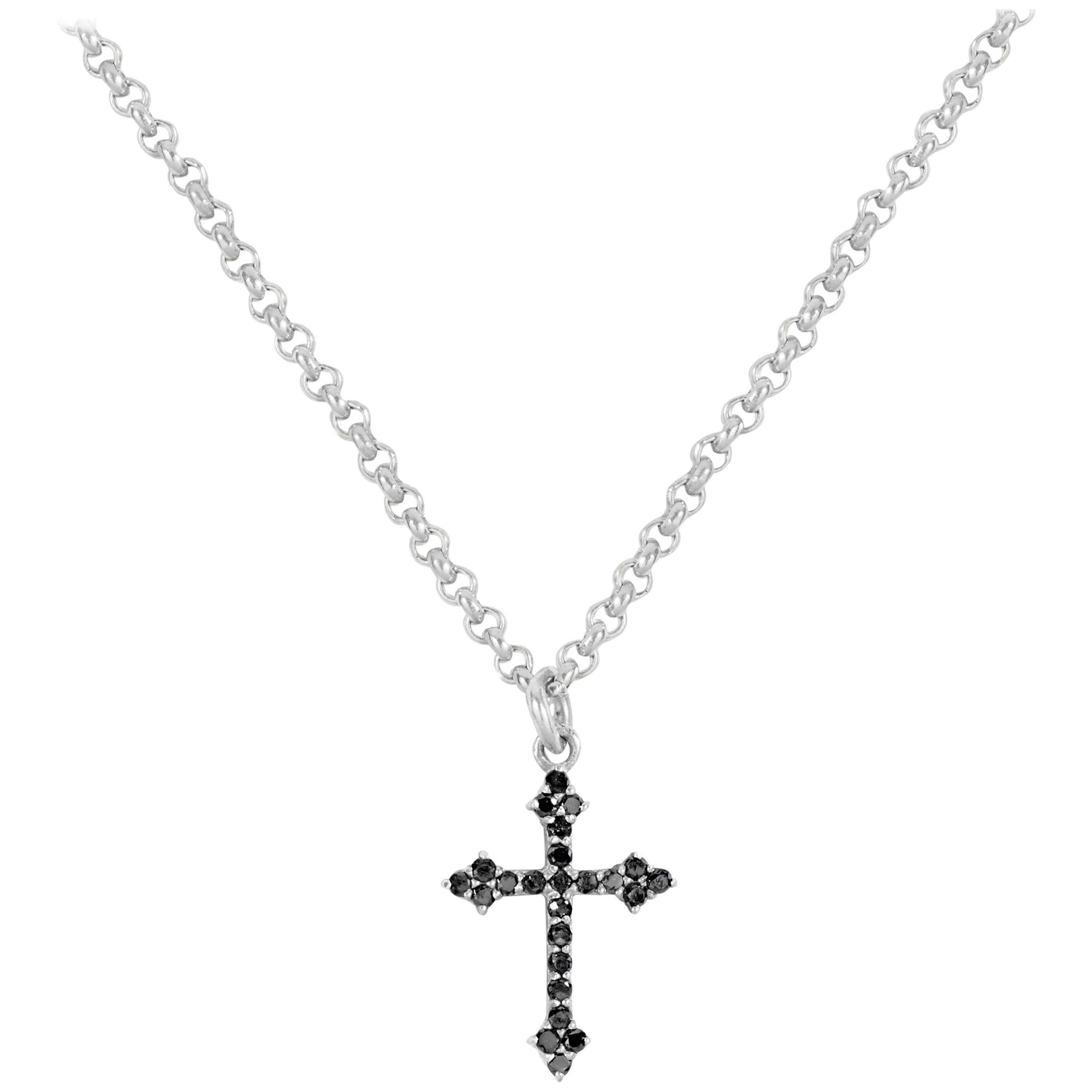 Sterling Silver and Black Diamond Baby Gothic Cross Pendant For Sale
