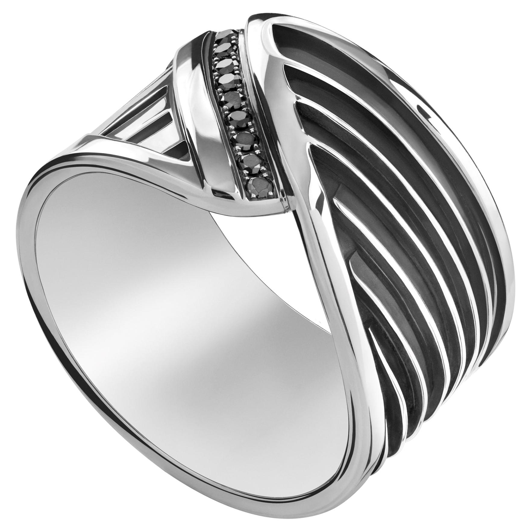 Sterling Silver and Black Diamond Men's Wings of the Protector Ring For Sale