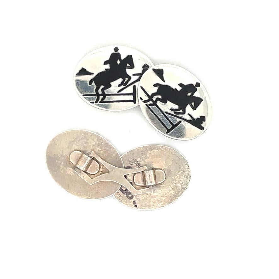 Horse Jumping Cufflinks Sterling Silver Black Enamel  In Excellent Condition For Sale In New York, NY