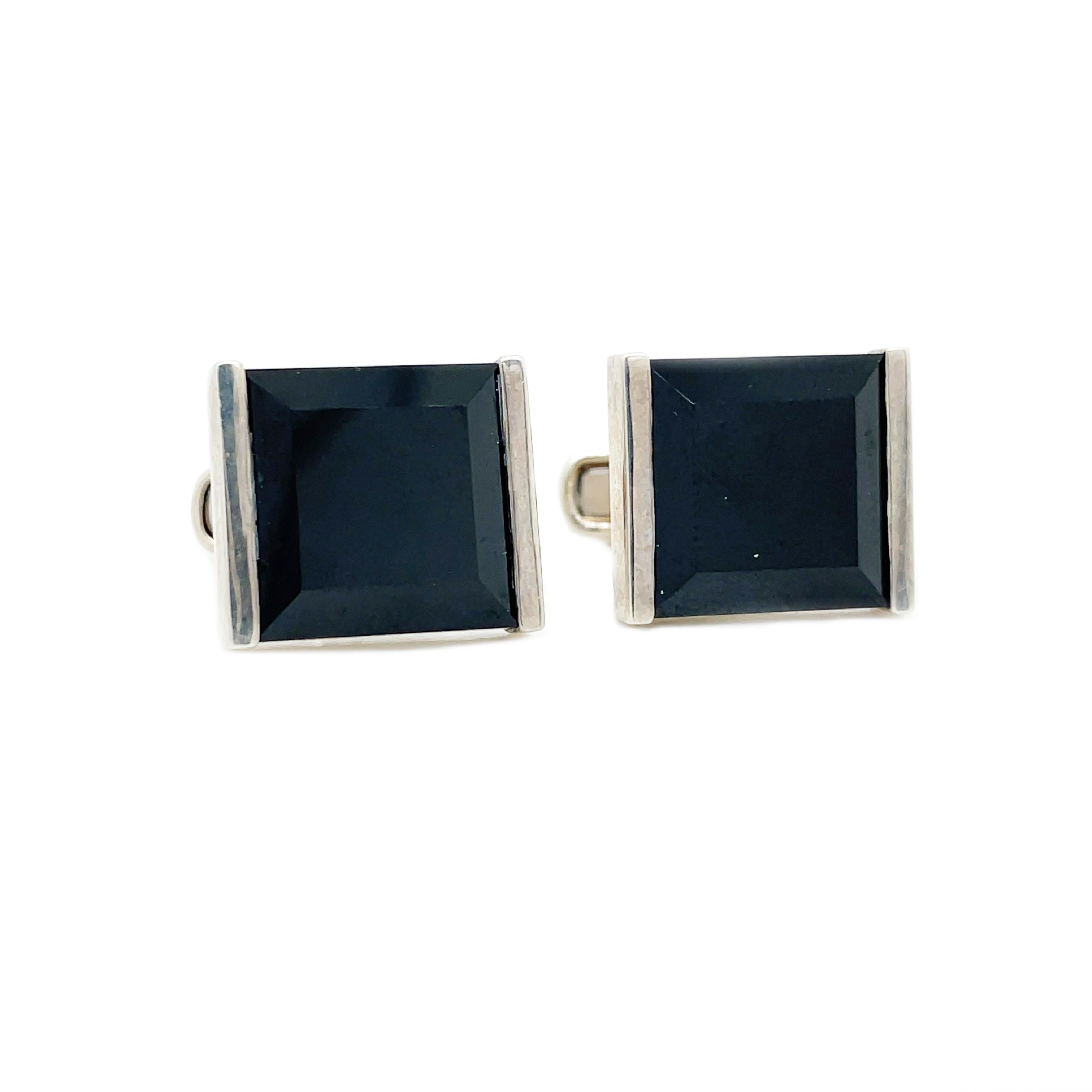 Square Cut Sterling Silver and Black Onyx Cufflinks For Sale