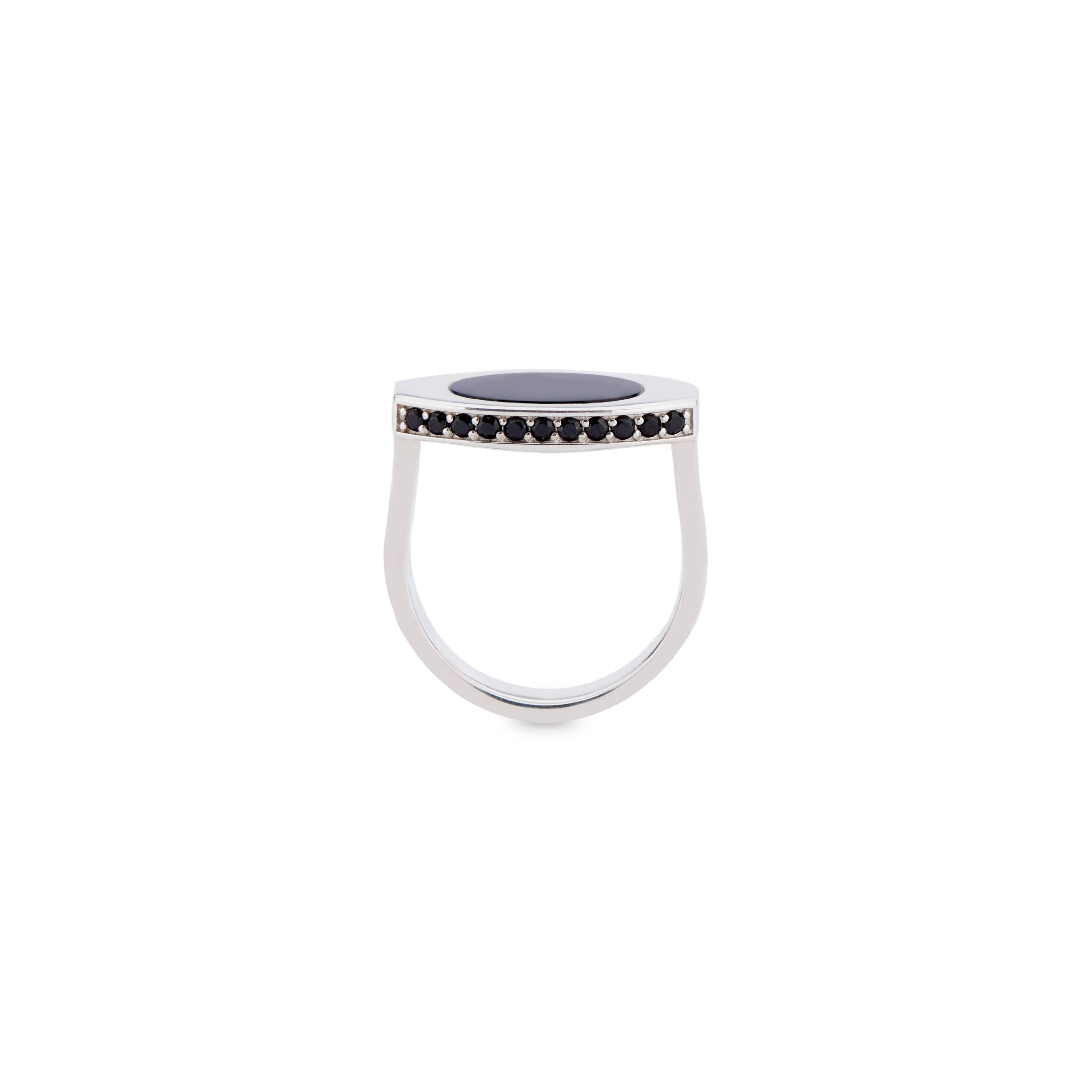 The sterling silver Black Onyx Signet has a chic oblong shape that complements all fingers.  It features a cabochon black onyx set into the top of the signet and pavé black onyx around the edges.

This ring comes in all metals and can be made in any