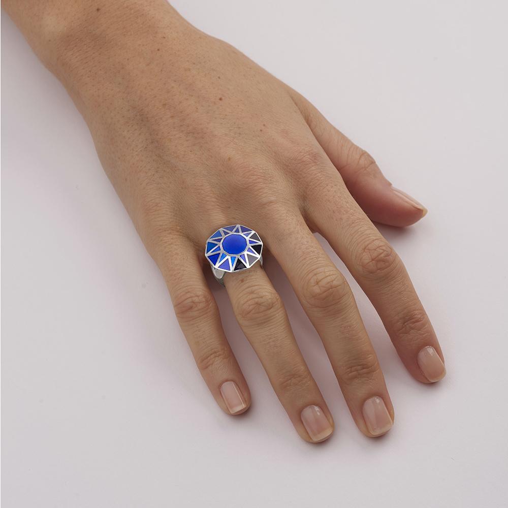 Contemporary Sterling Silver and Blue Enamel Cocktail Ring For Sale