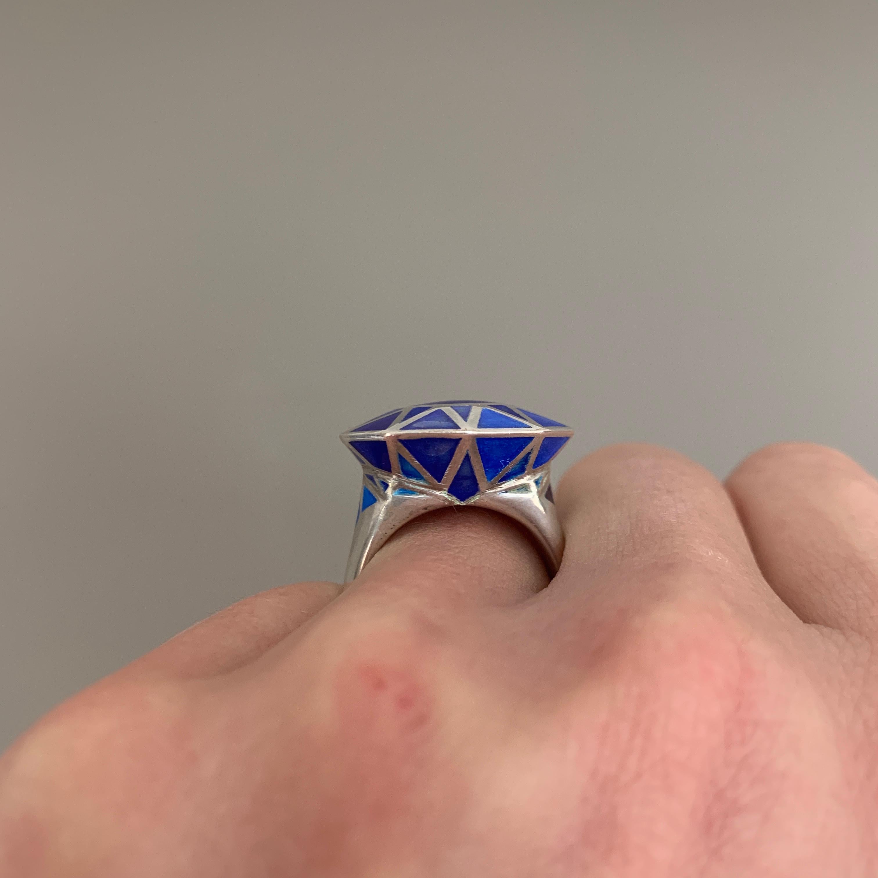 Women's or Men's Sterling Silver and Blue Enamel Cocktail Ring For Sale