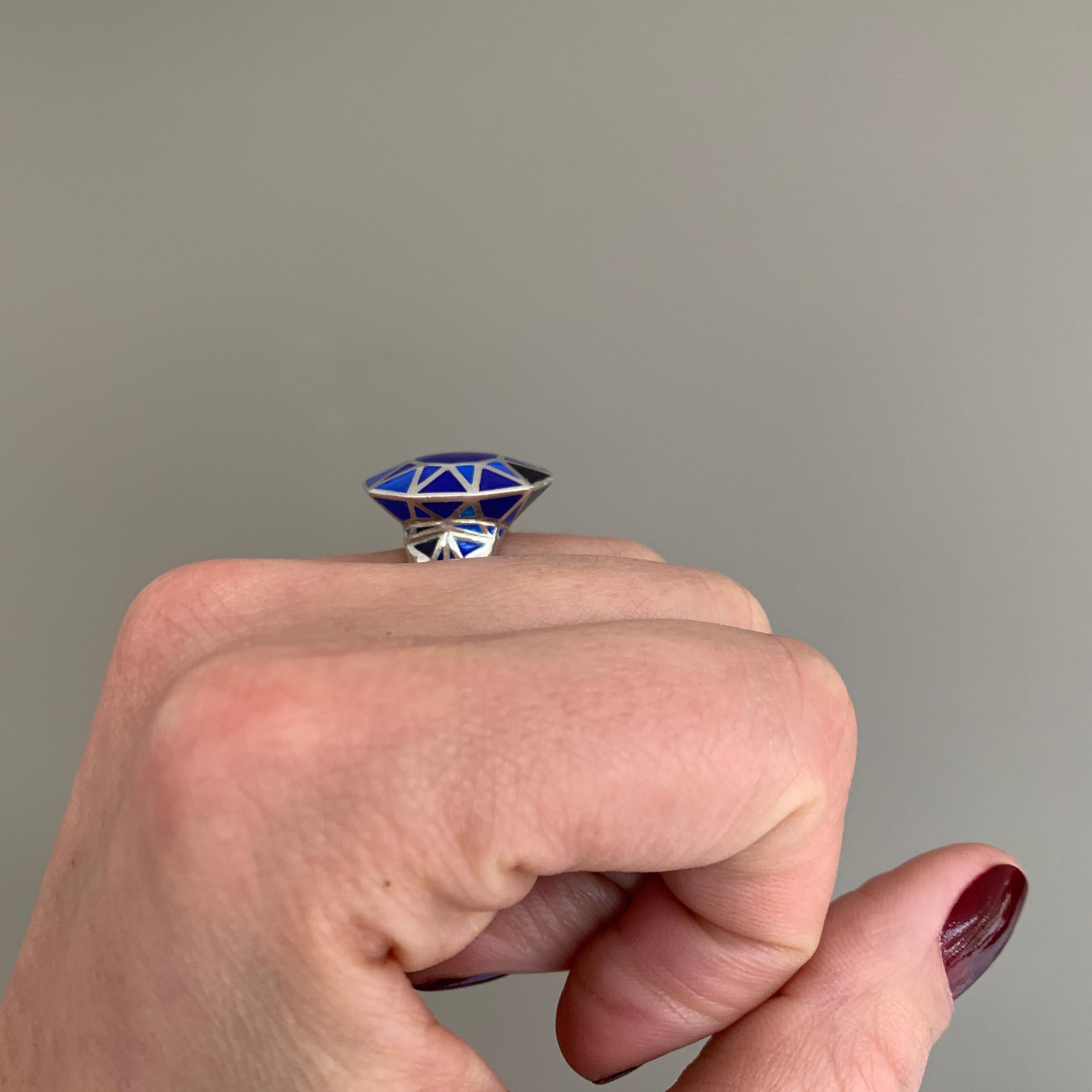 Sterling Silver and Blue Enamel Cocktail Ring For Sale 1