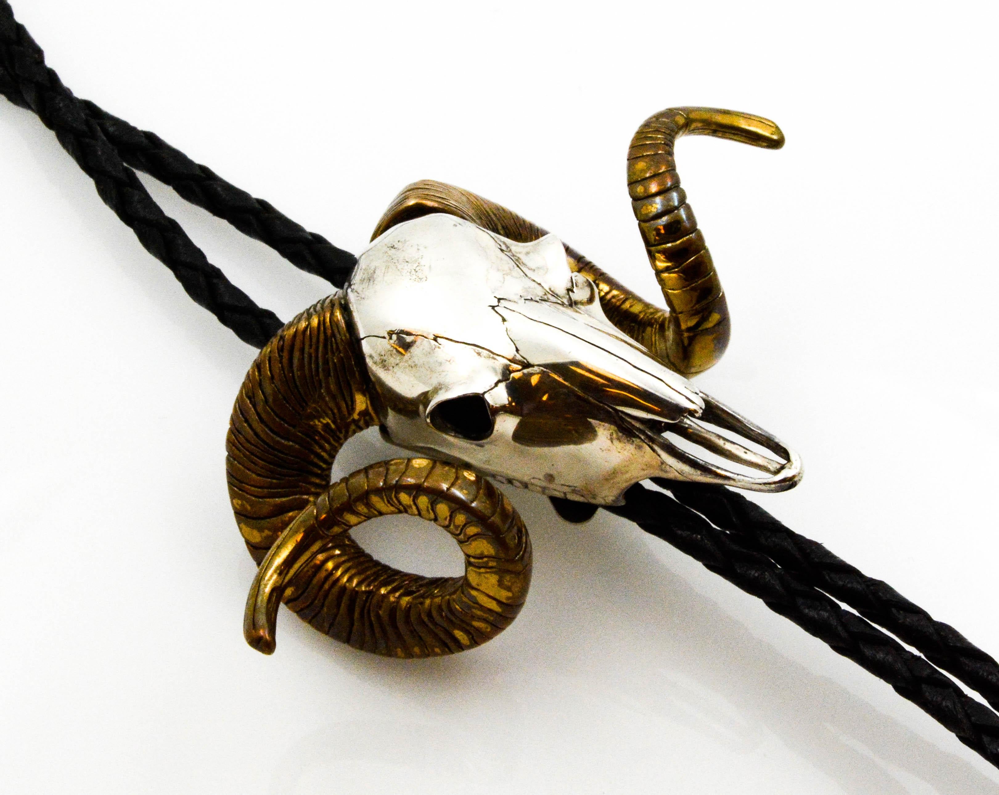 Sterling Silver and Bronze Bighorn Sheep Skull Bolo In Good Condition In Dallas, TX