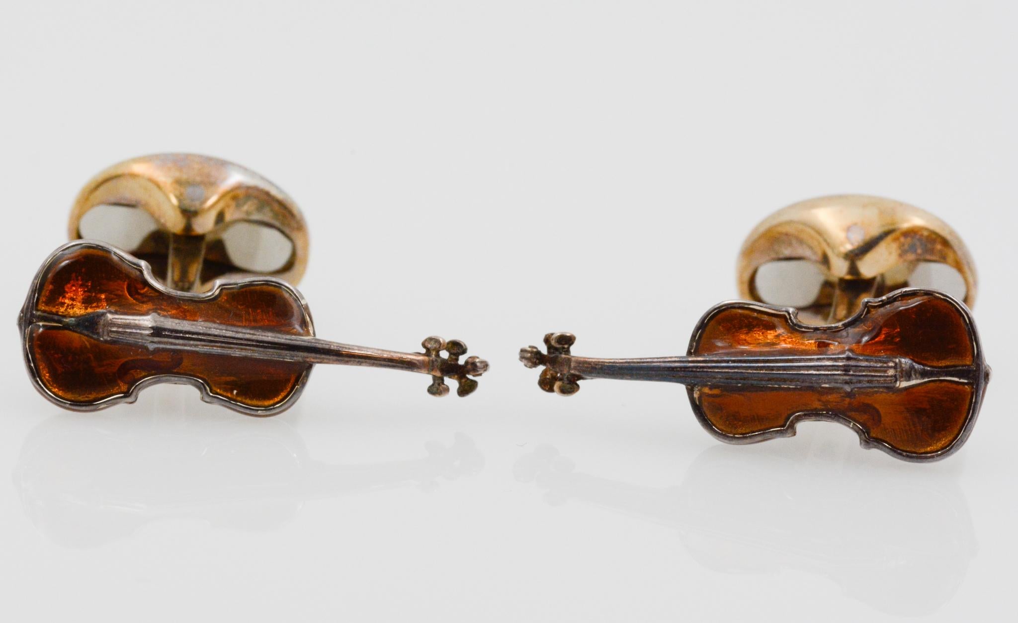 Modern Sterling Silver and Brown Enamel Violin Cufflinks