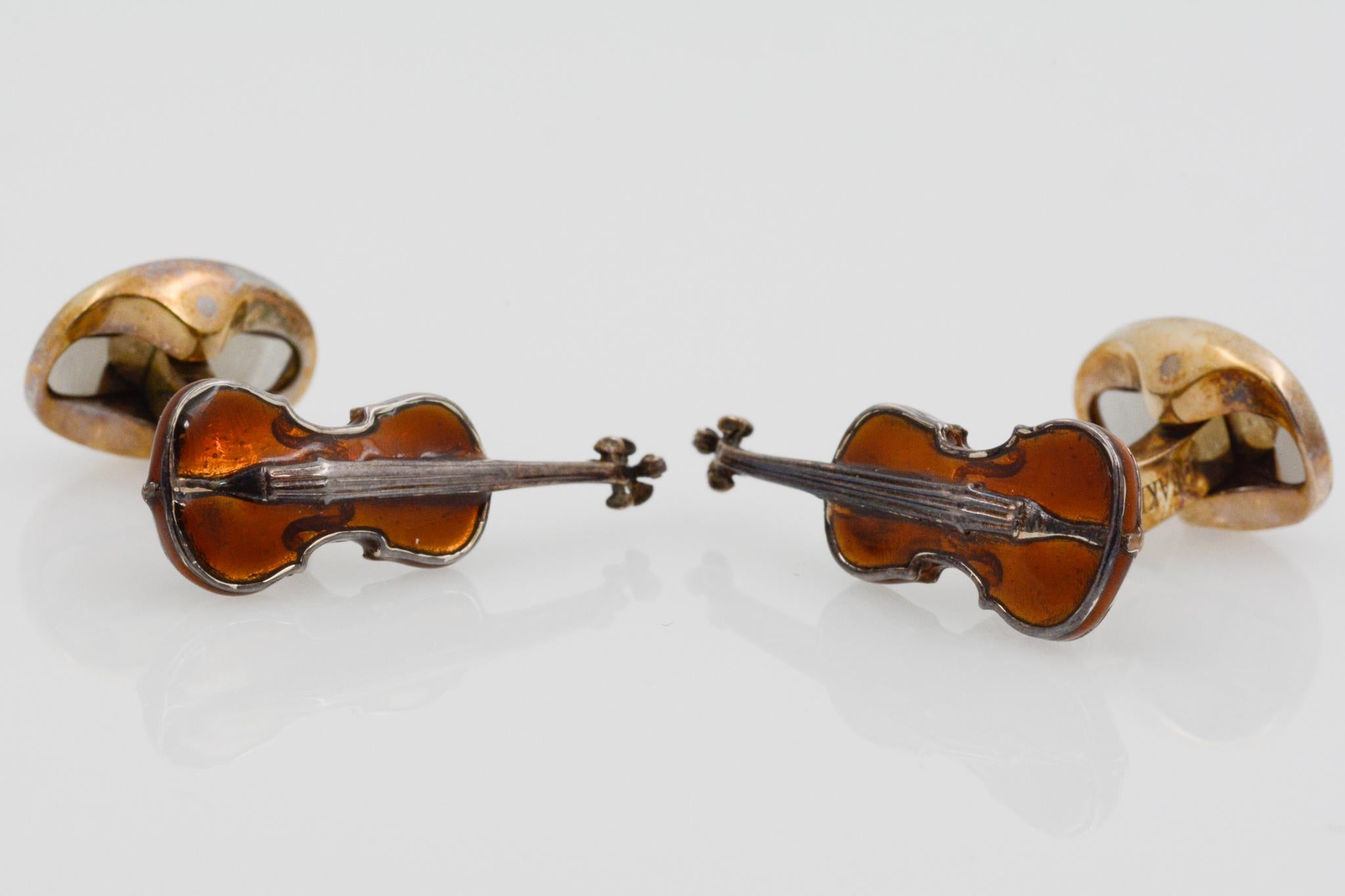 Sterling Silver and Brown Enamel Violin Cufflinks In Good Condition In Dallas, TX