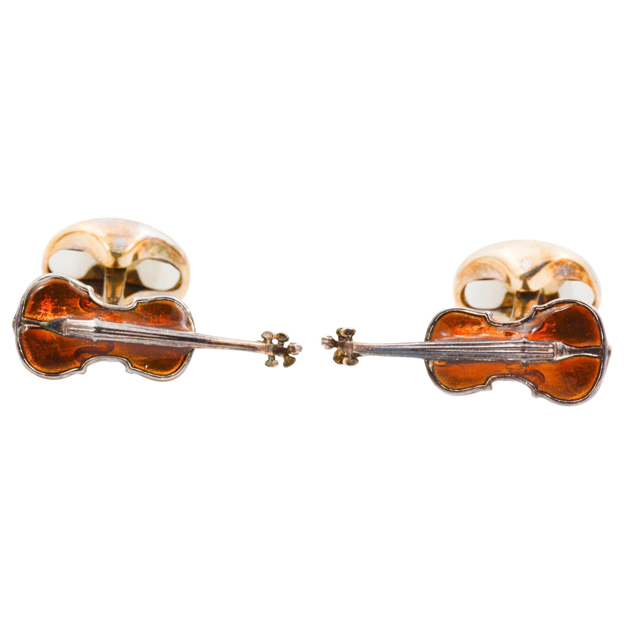 Sterling Silver and Brown Enamel Violin Cufflinks