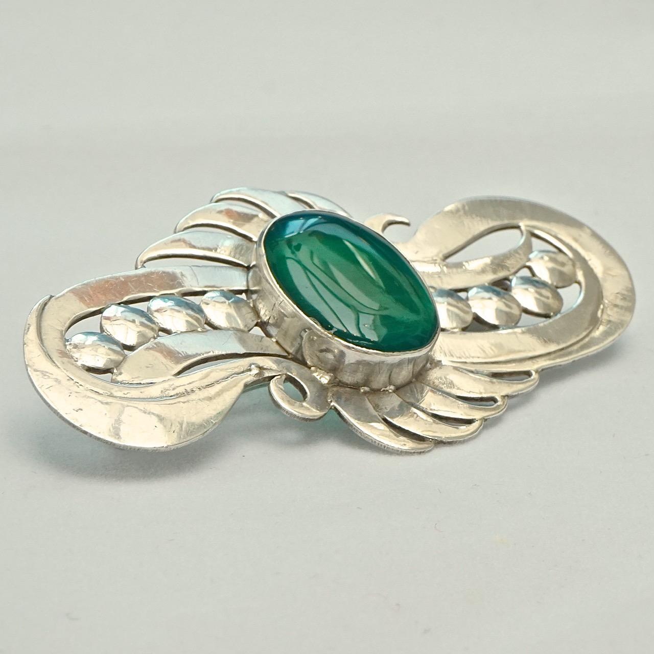 Sterling Silver and Chrysoprase Hand Crafted Statement Brooch In Good Condition For Sale In London, GB