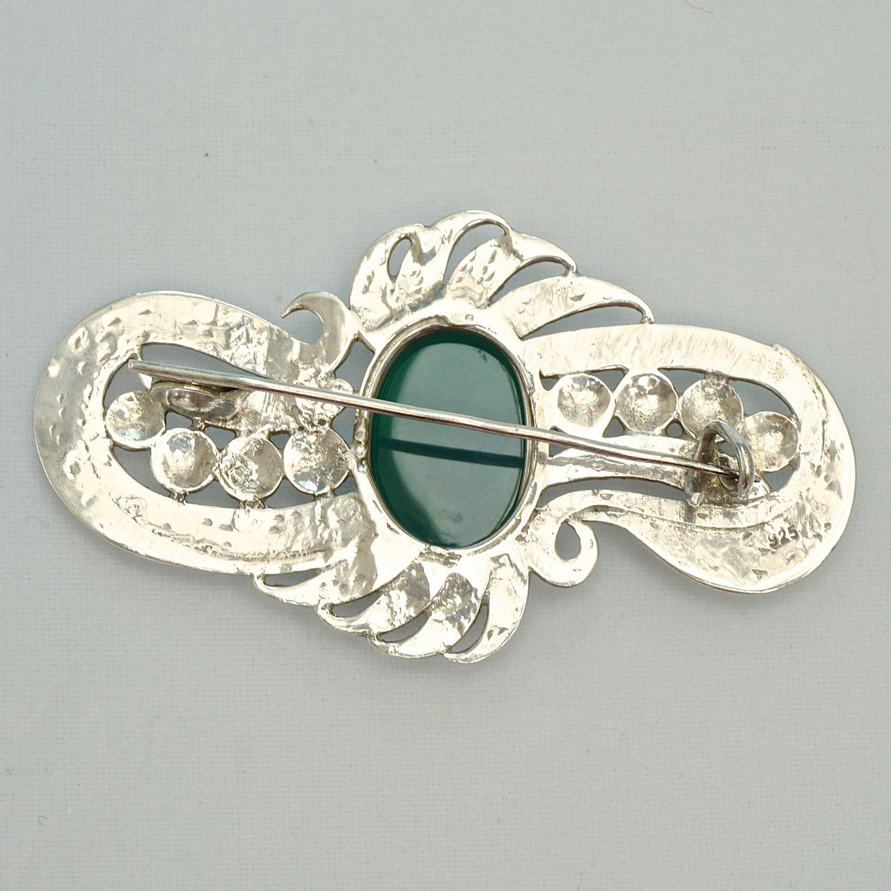 Women's or Men's Sterling Silver and Chrysoprase Hand Crafted Statement Brooch For Sale