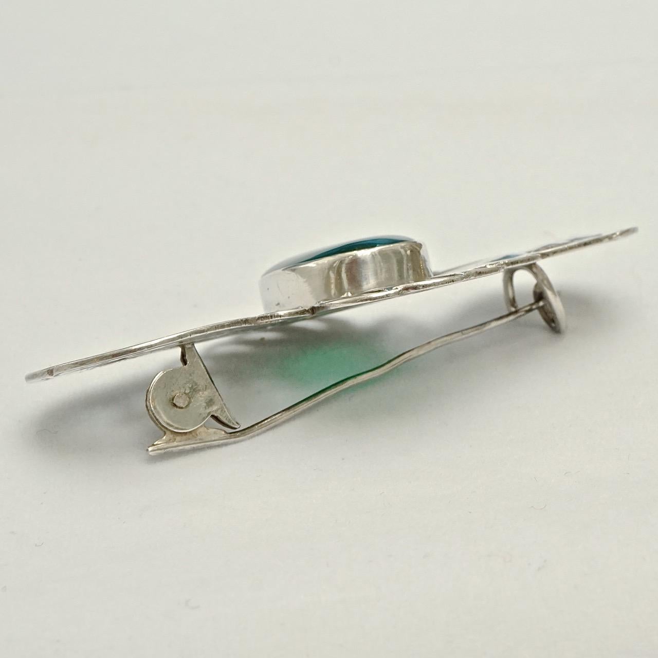 Sterling Silver and Chrysoprase Hand Crafted Statement Brooch For Sale 1