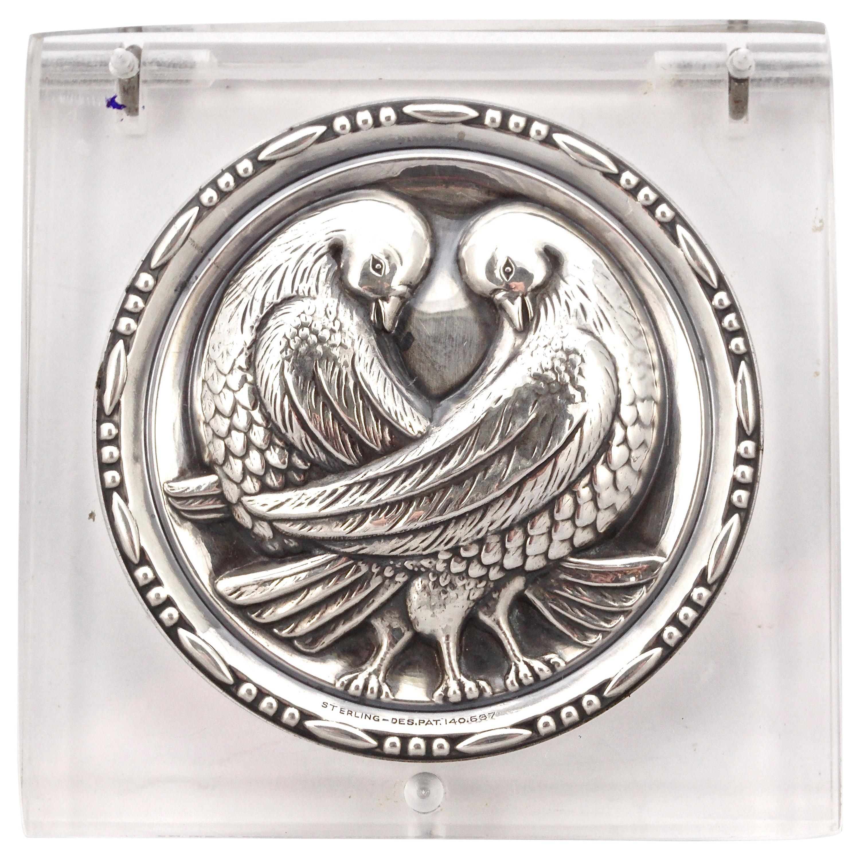 Sterling Silver and Clear Lucite Pair of Doves Powder Compact