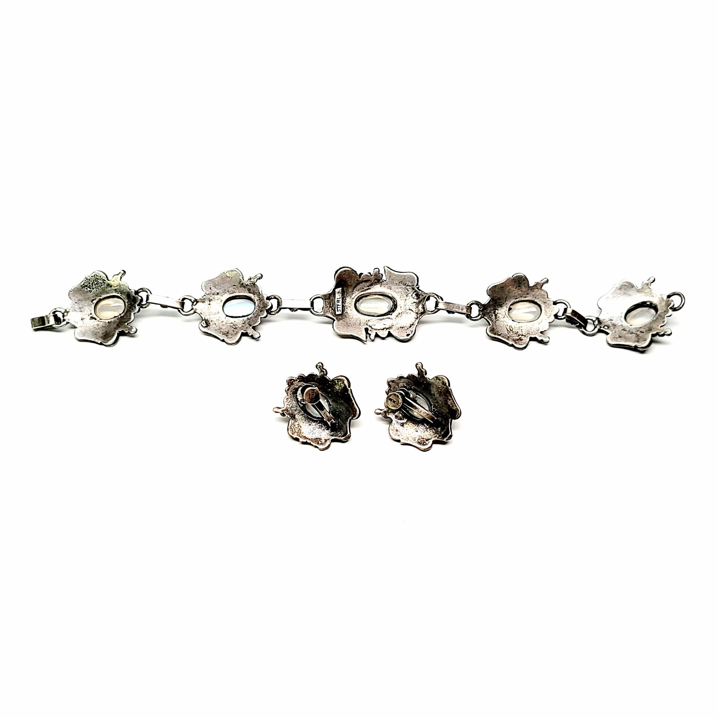 Sterling Silver and Clear Moonstone Flower and Leaf Link Bracelet and Earrings S 1