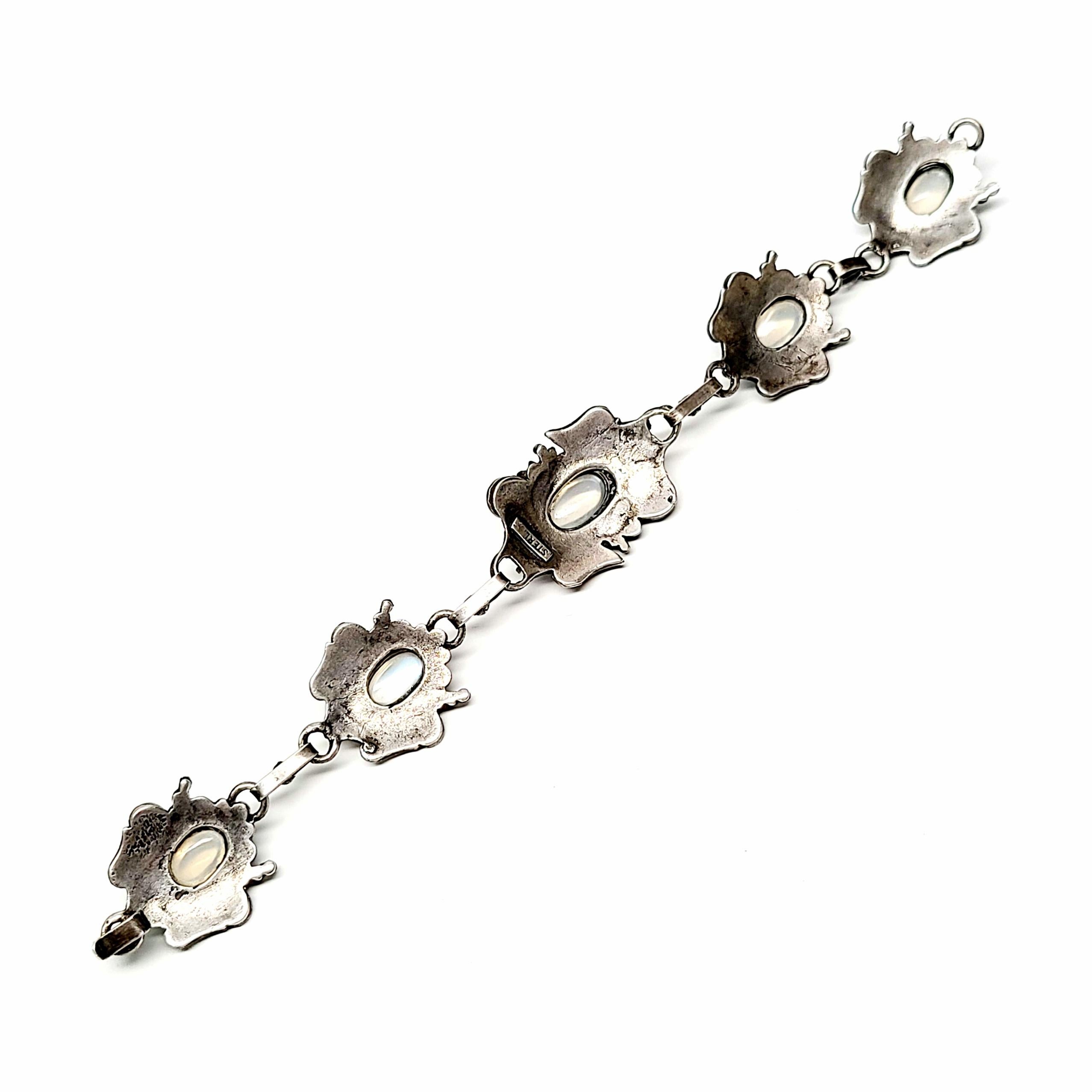 Sterling Silver and Clear Moonstone Flower and Leaf Link Bracelet and Earrings S 4
