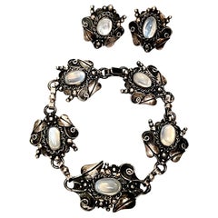 Sterling Silver and Clear Moonstone Flower and Leaf Link Bracelet and Earrings S