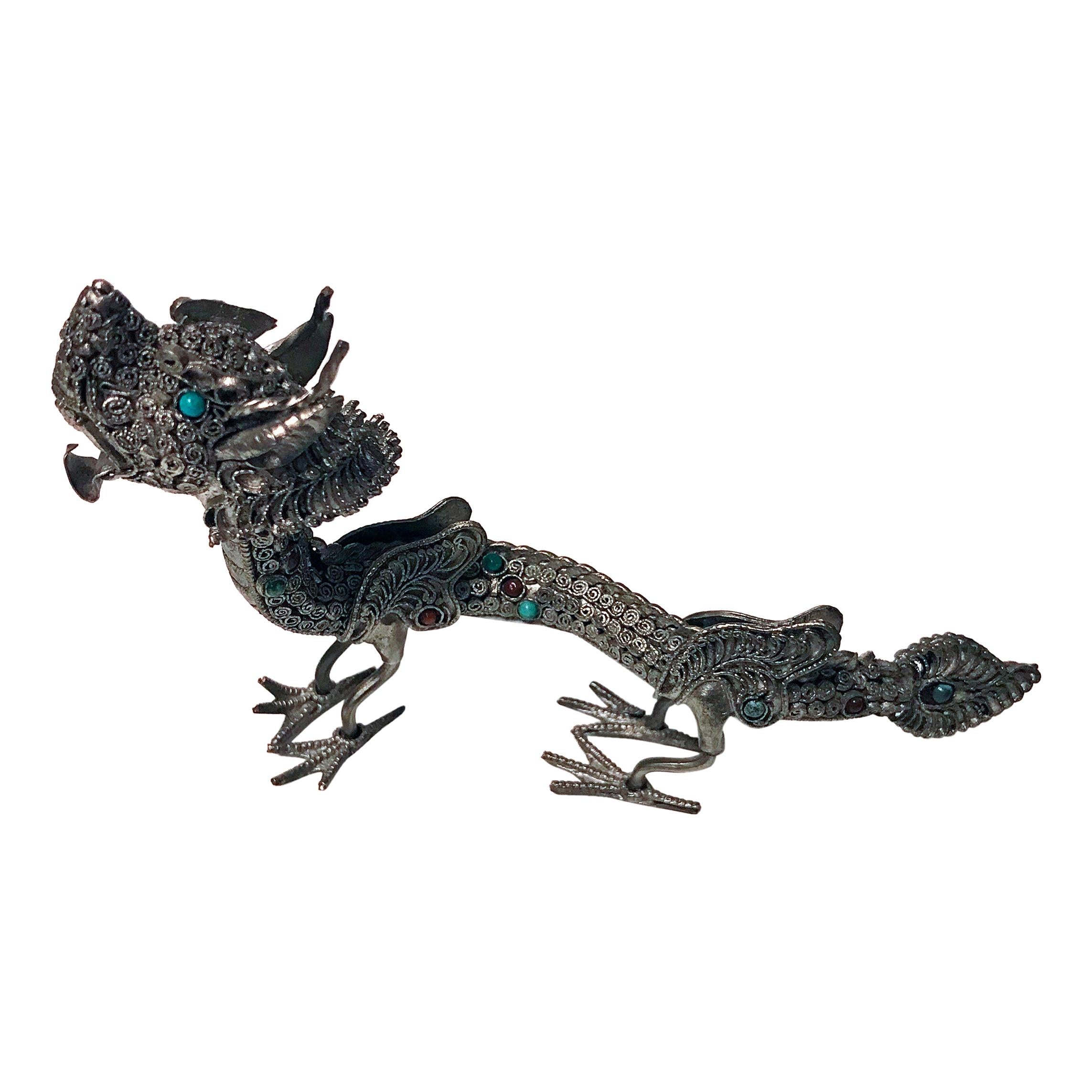 Sterling Silver and Color Stone Inlay Dragon, Probably Chinese, circa 1950