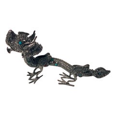 Sterling Silver and Color Stone Inlay Dragon, Probably Chinese, circa 1950