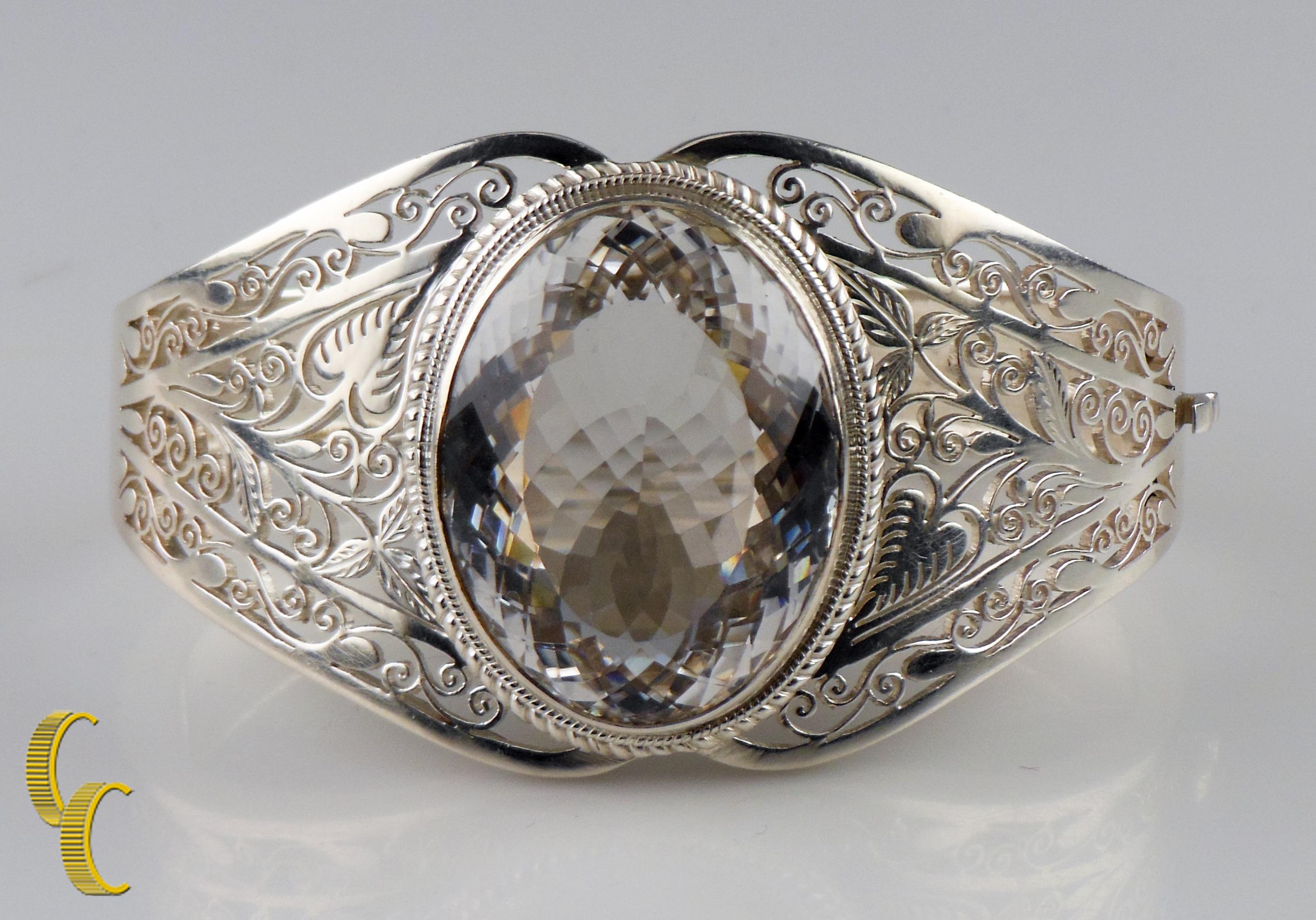 Art Nouveau Sterling Silver and Colorless Spinel Bangle Bracelet, Size 7