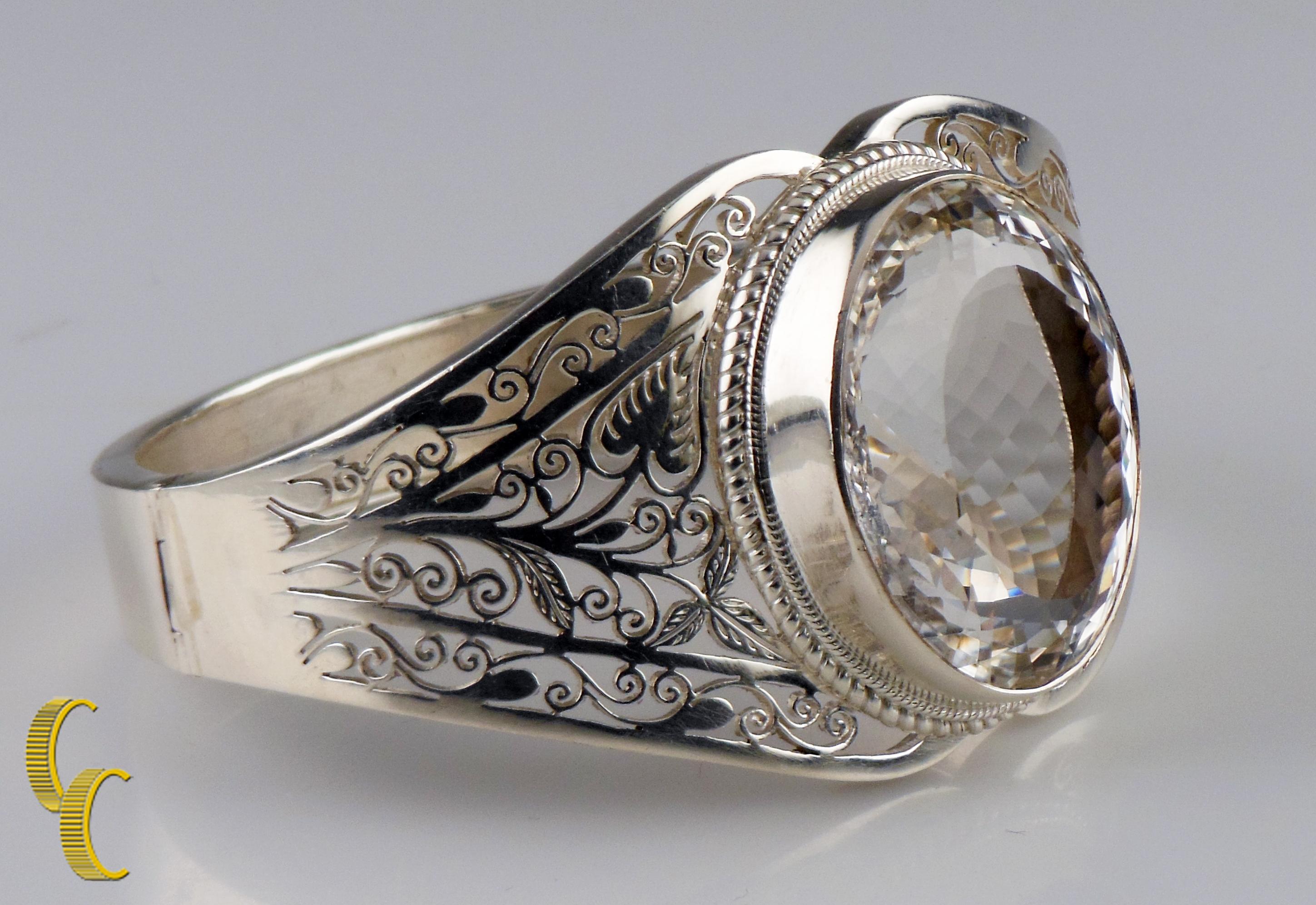 Oval Cut Sterling Silver and Colorless Spinel Bangle Bracelet, Size 7