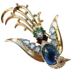 Sterling silver and colour paste 'bird of paradise' brooch, Trifari, 1940s, USA