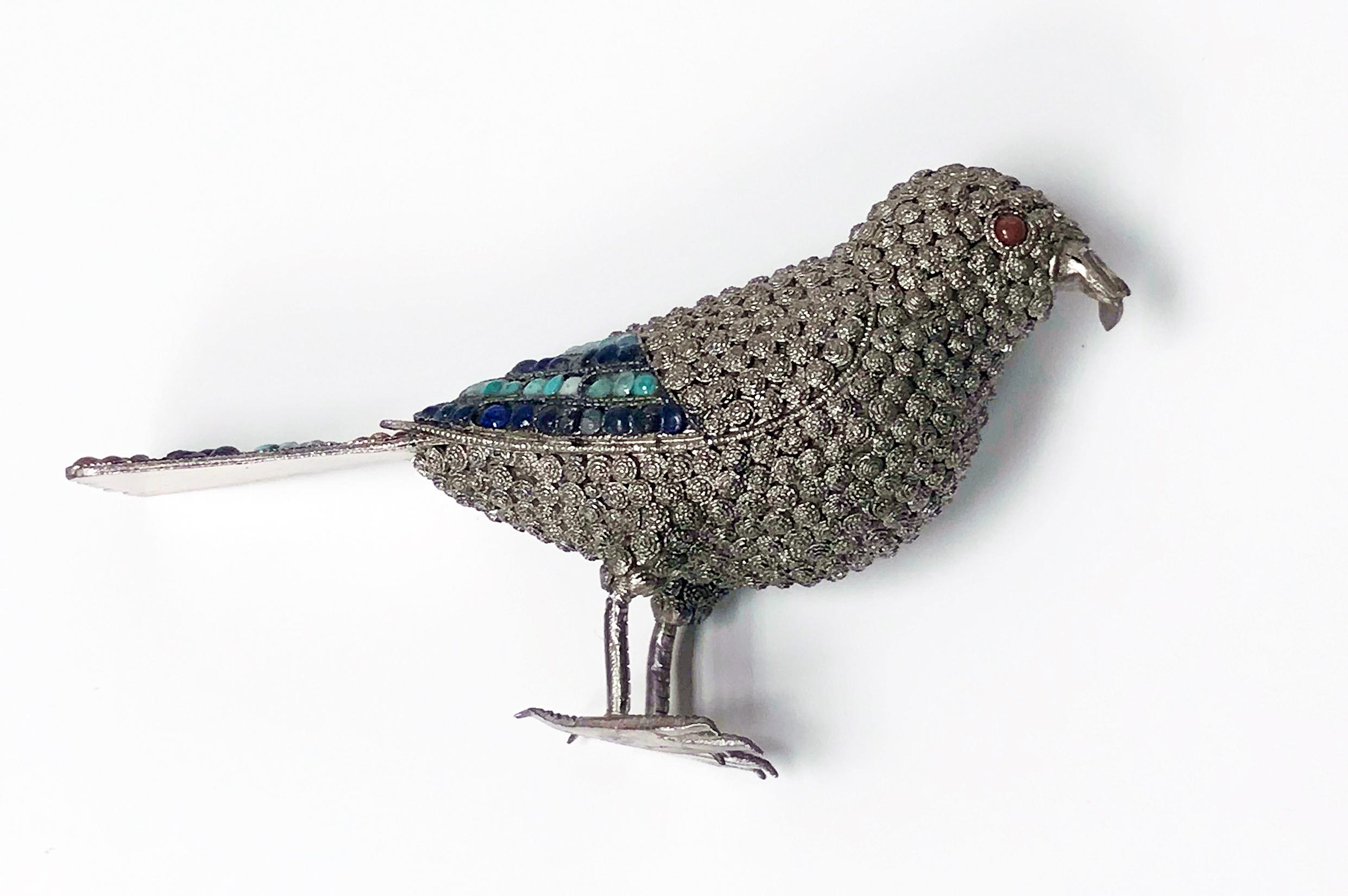 20th Century Sterling Silver and Color Stone Inlay Bird, Probably Chinese, circa 1950