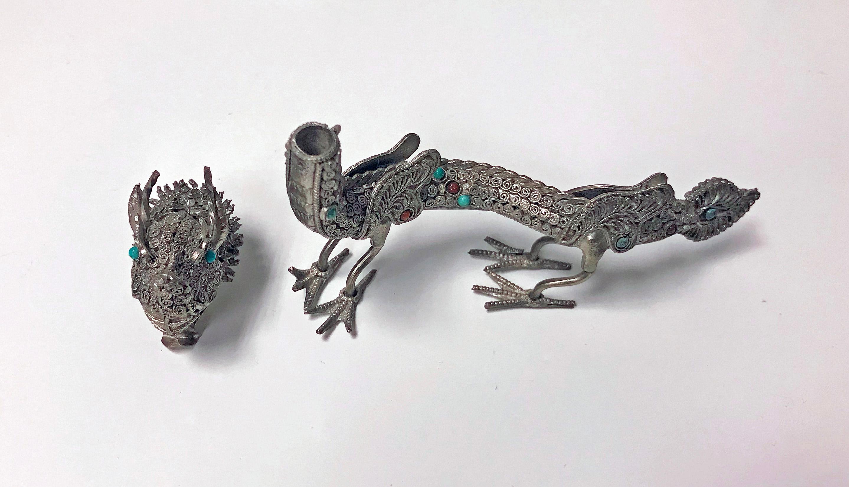 20th Century Sterling Silver and Color Stone Inlay Dragon, Probably Chinese, circa 1950