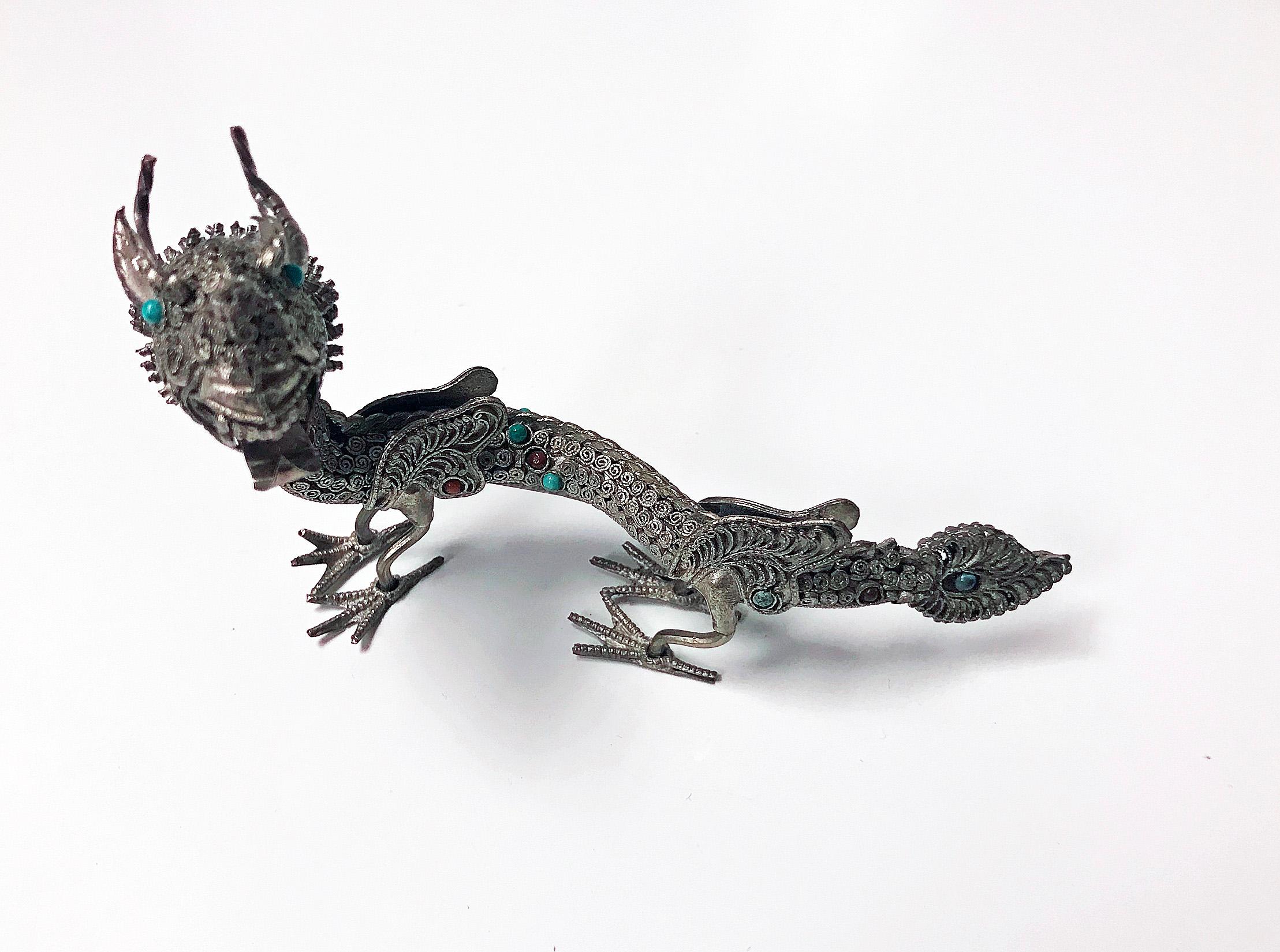Sterling Silver and Color Stone Inlay Dragon, Probably Chinese, circa 1950 1