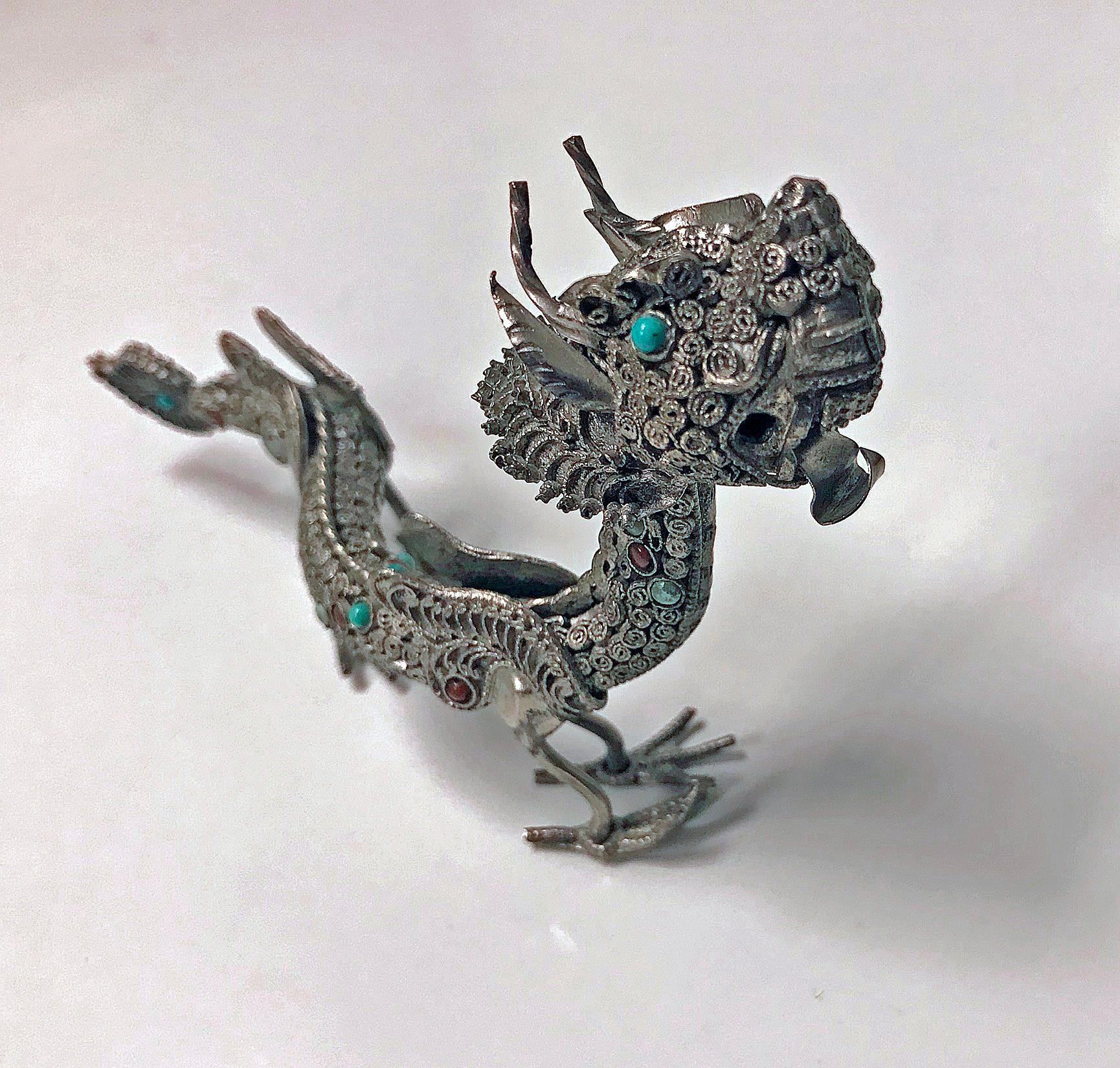 Sterling Silver and Color Stone Inlay Dragon, Probably Chinese, circa 1950 2