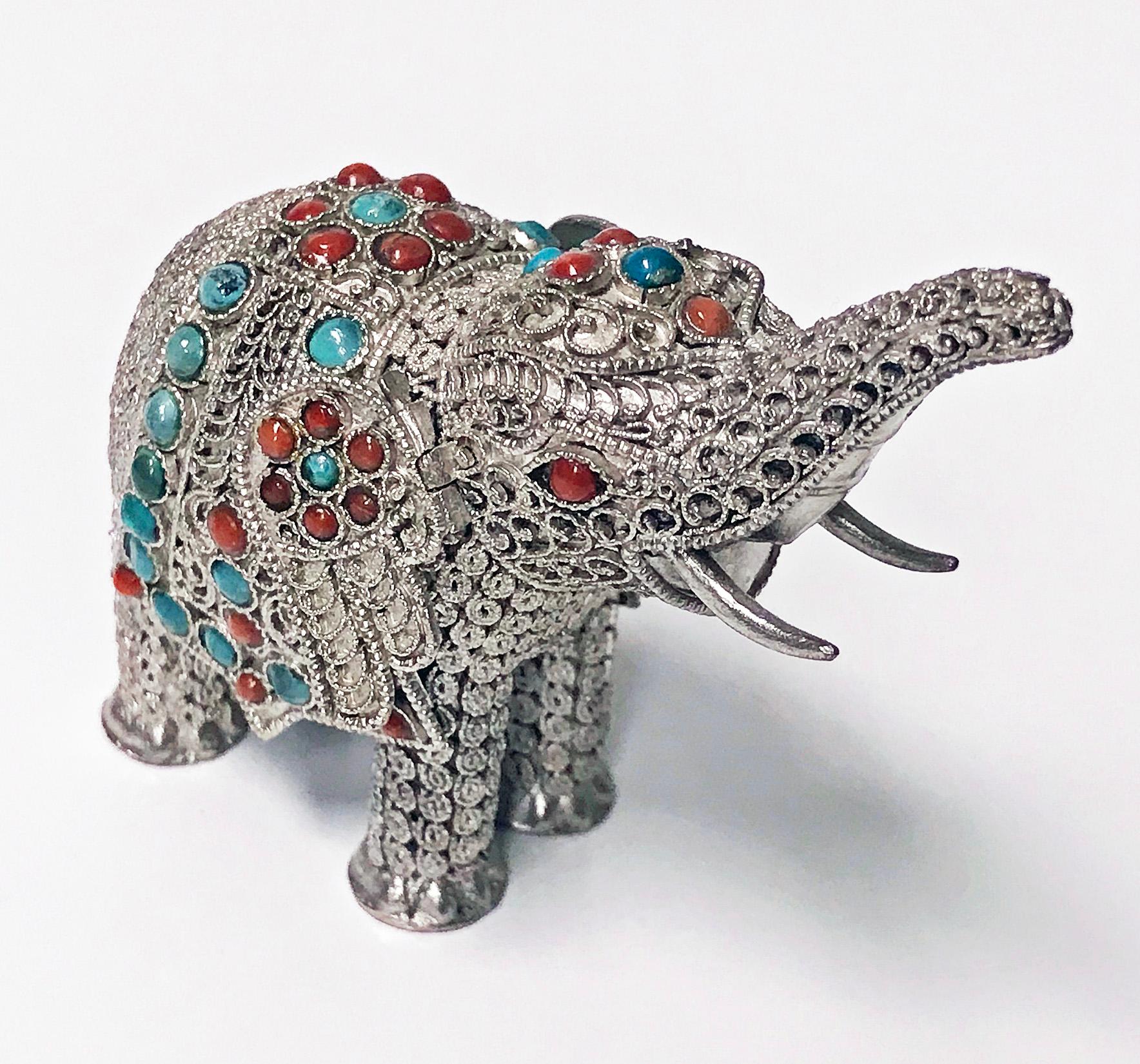 Sterling Silver and Color Stone Inlay Elephant Probably Chinese, circa 1950 In Good Condition In Toronto, Ontario