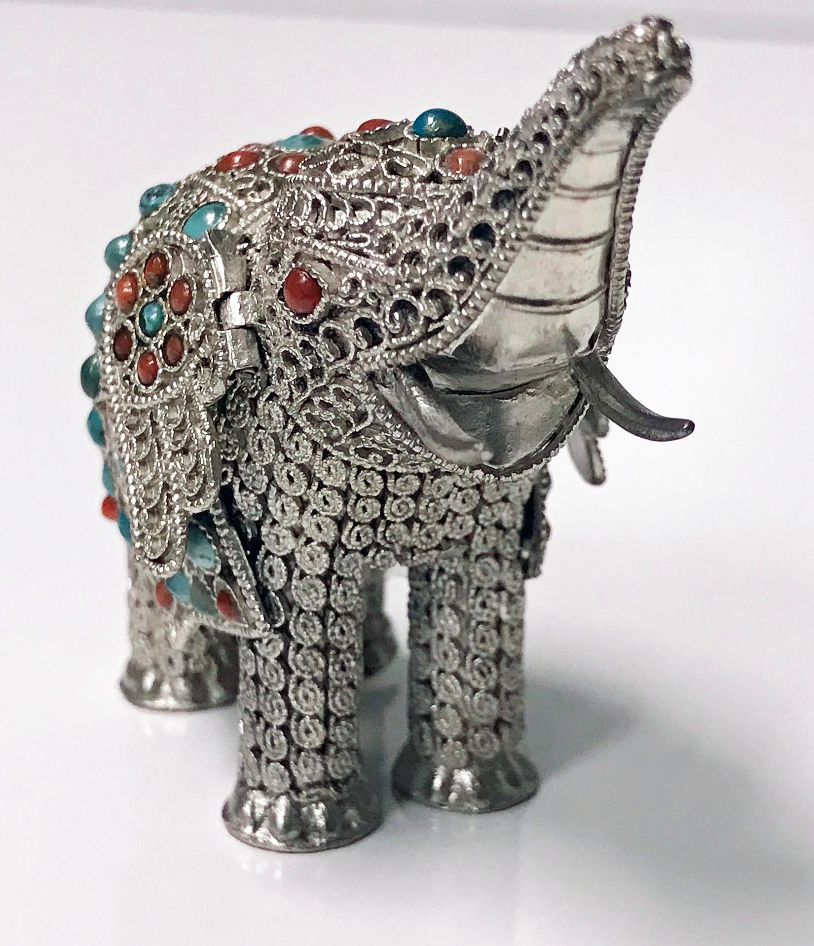 20th Century Sterling Silver and Color Stone Inlay Elephant Probably Chinese, circa 1950