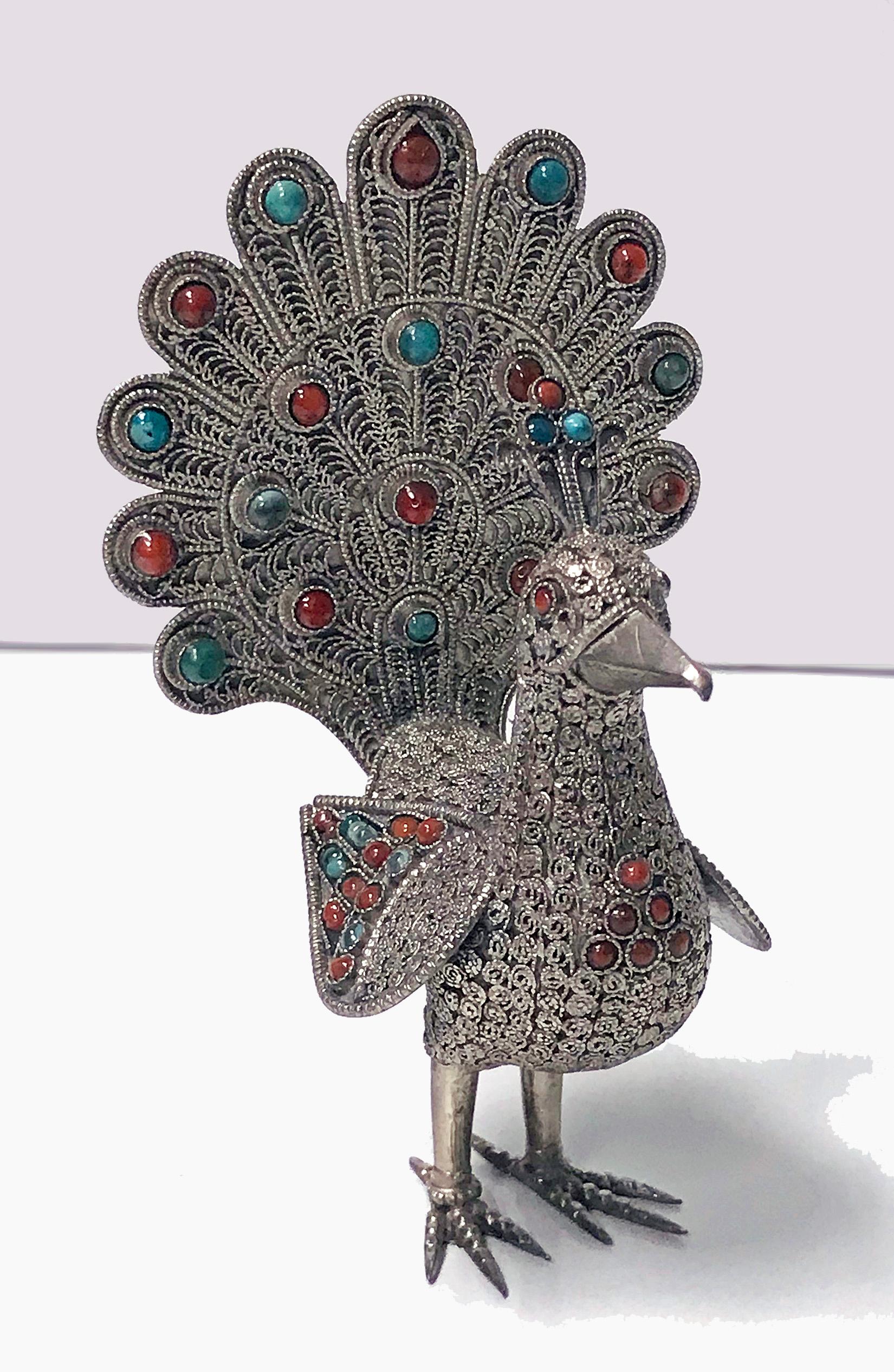 20th Century Sterling Silver and Color Stone Inlay Peacock, Probably Chinese, circa 1950