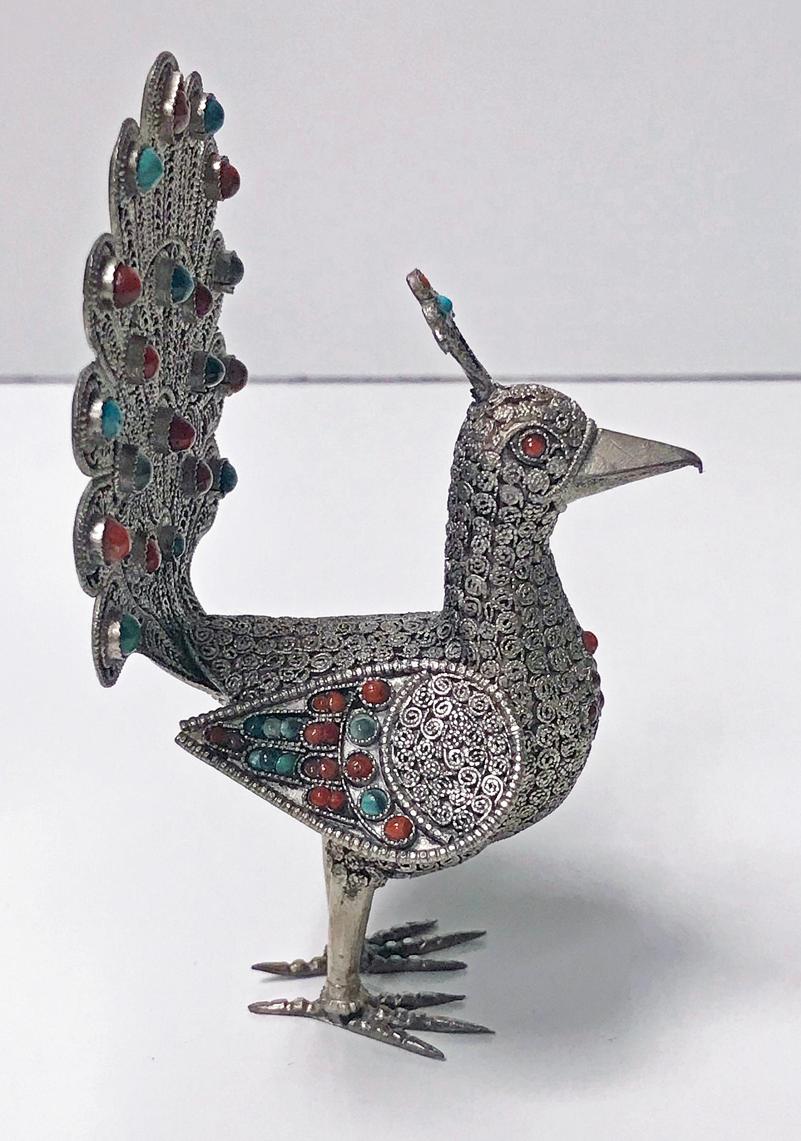 Sterling Silver and Color Stone Inlay Peacock, Probably Chinese, circa 1950 1