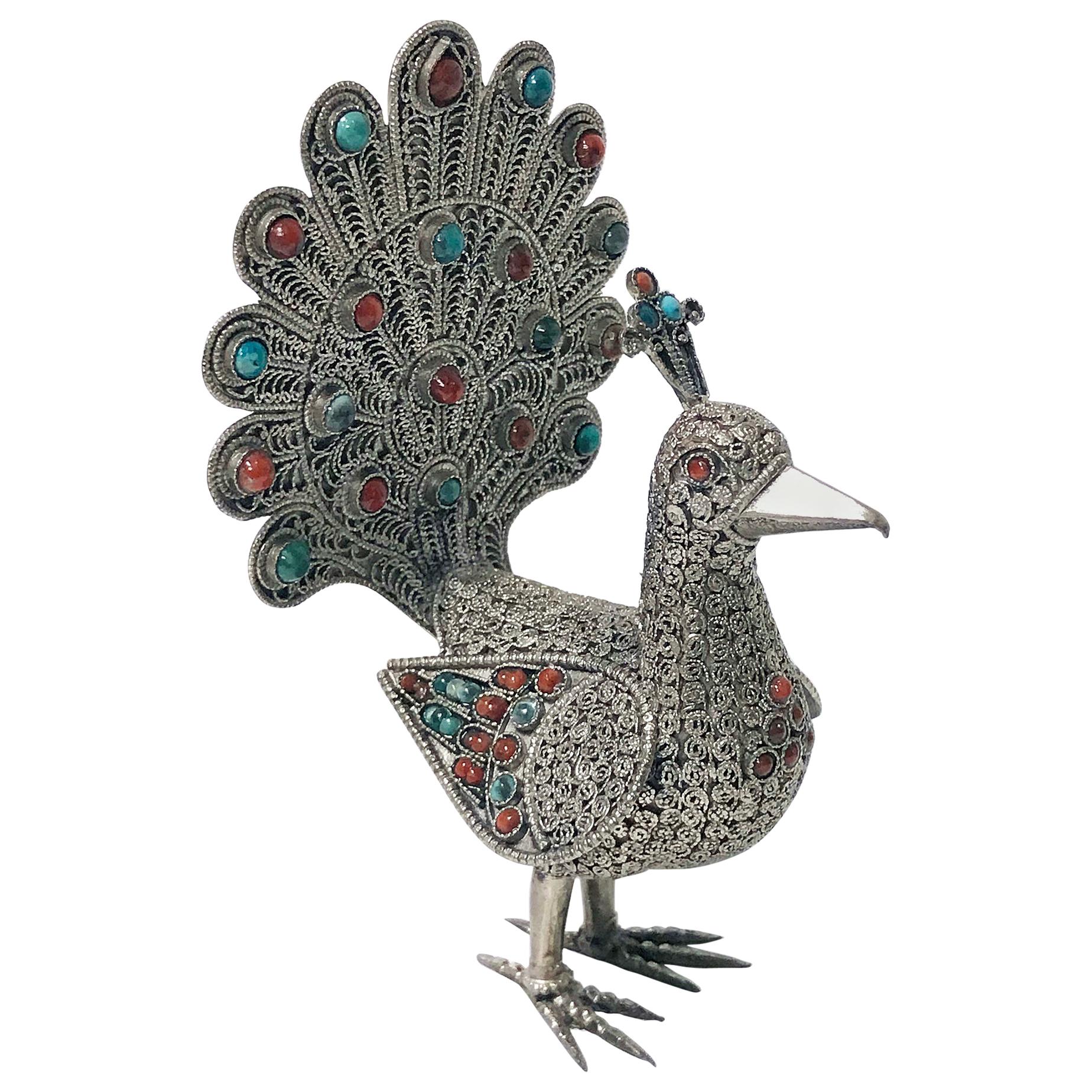 Sterling Silver and Color Stone Inlay Peacock, Probably Chinese, circa 1950