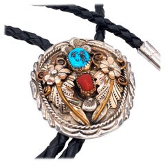 Sterling Silver and Copper Turquoise and Coral Leather Bolo