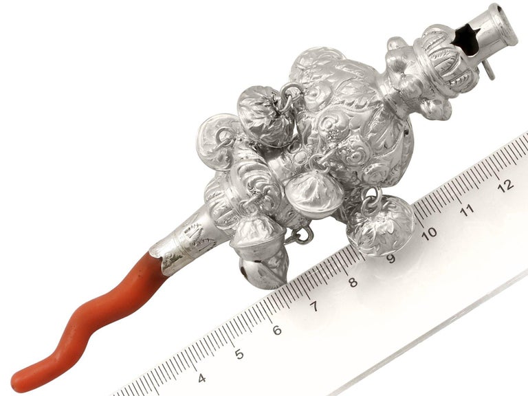 Antique Victorian Sterling Silver and Coral Combination Whistle and Rattle For Sale 7