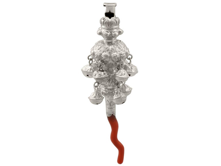 British Antique Victorian Sterling Silver and Coral Combination Whistle and Rattle For Sale