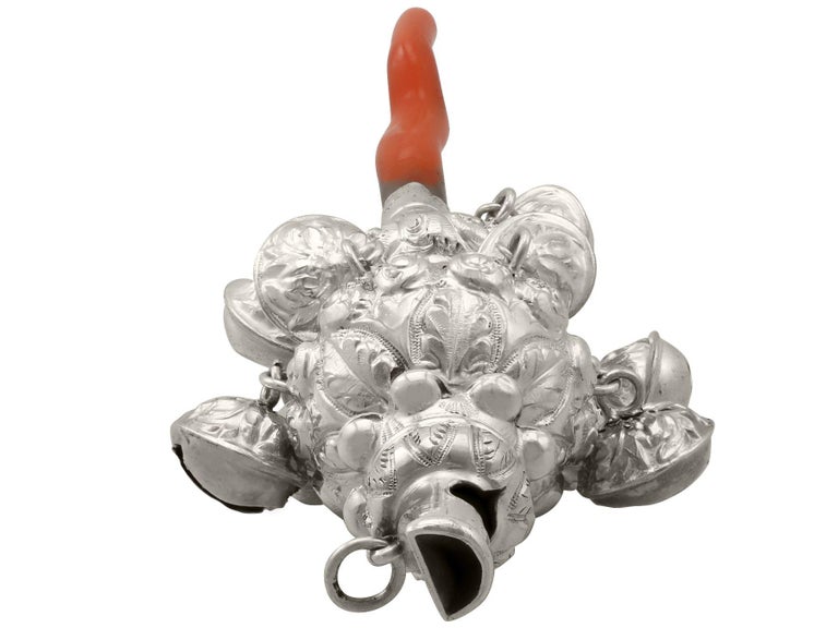 Mid-19th Century Antique Victorian Sterling Silver and Coral Combination Whistle and Rattle For Sale