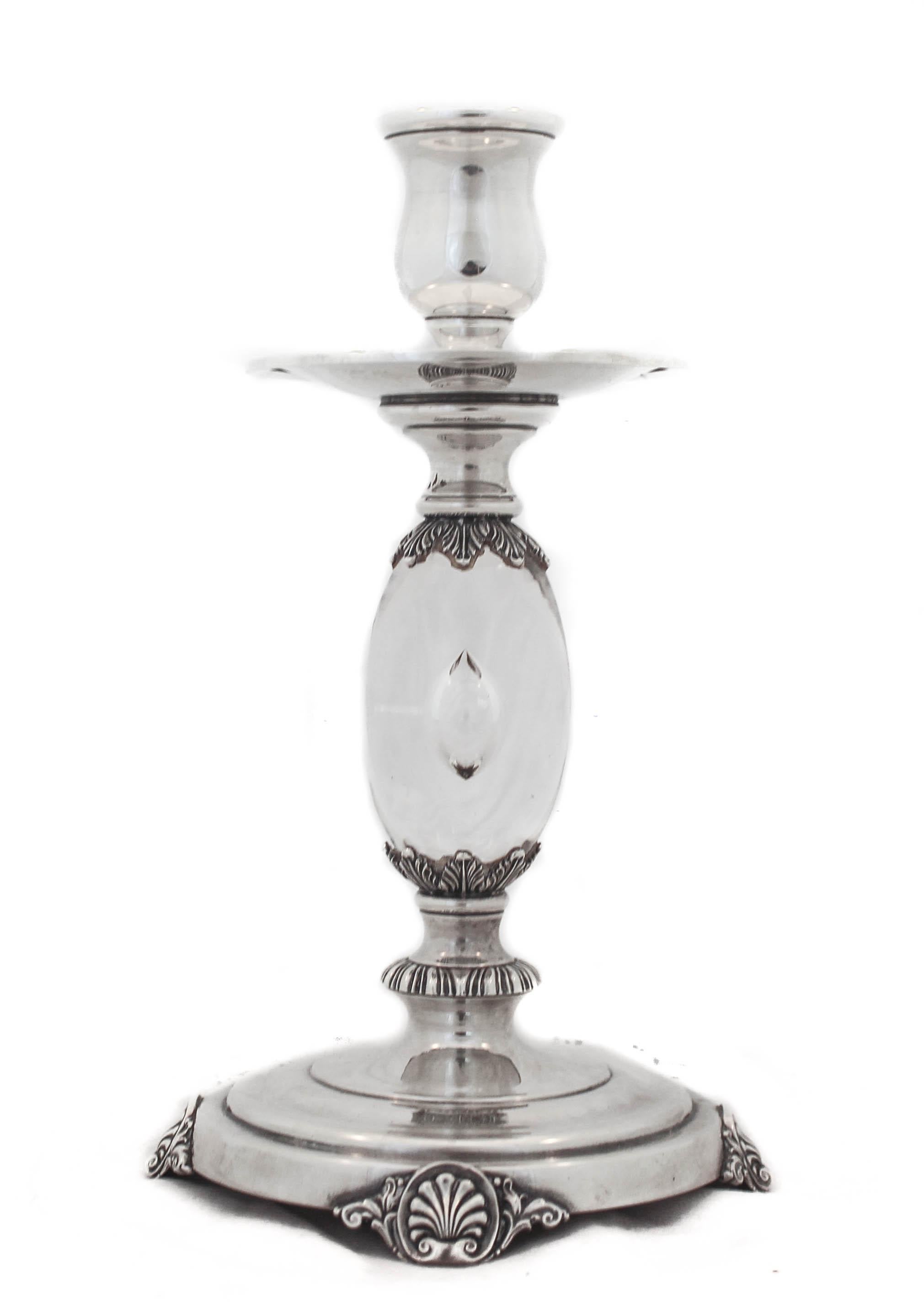 We are thrilled to offer you this pair of sterling silver candlesticks by the Quaker Silver Company of Massachusetts. These are exceptionally rare and simply stunning. The top and bottom are sterling (not weighted) and the pedestal is crystal with a