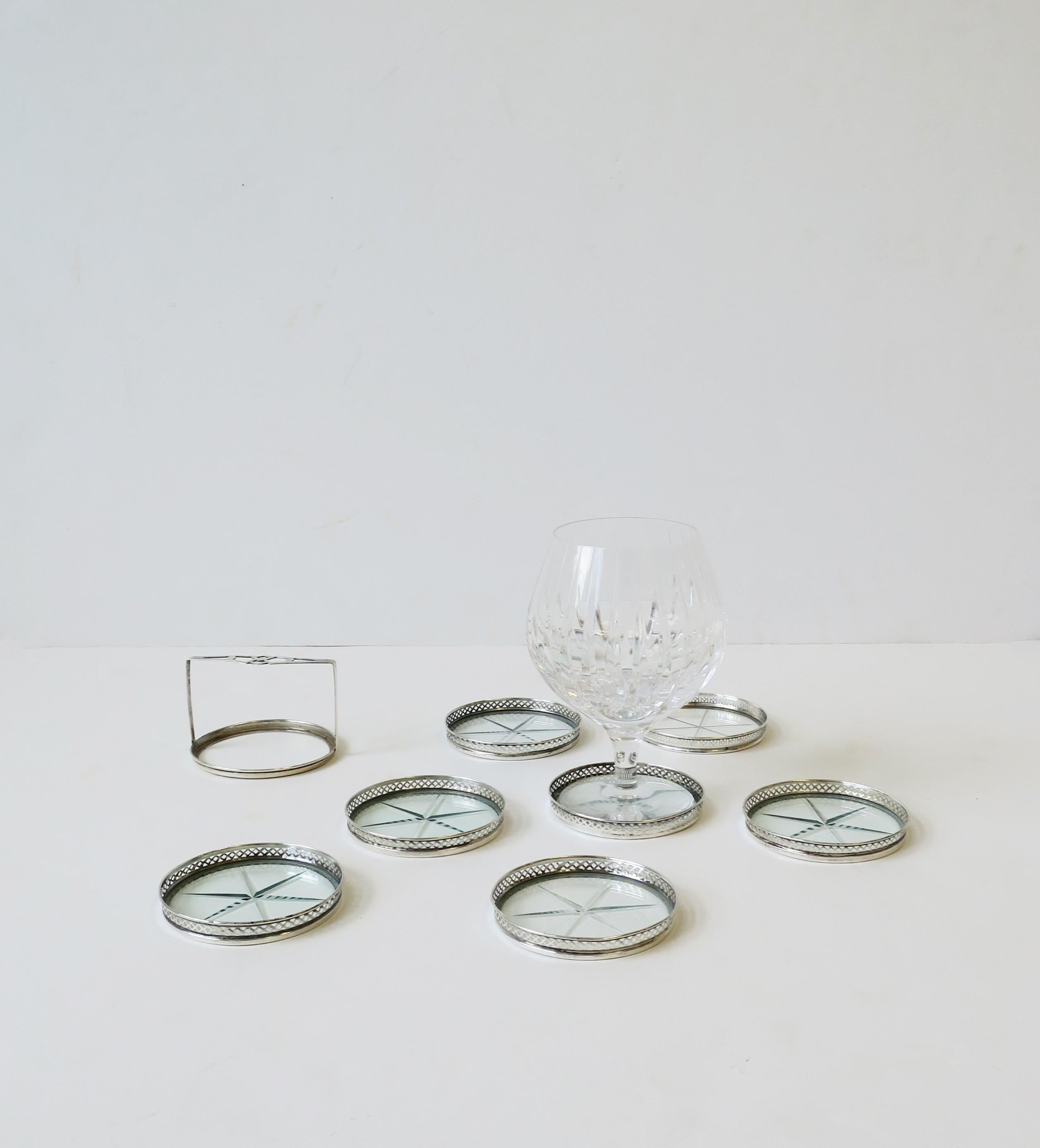 20th Century Sterling Silver and Crystal Champagne or Cocktail Drink Coasters, Set of 7