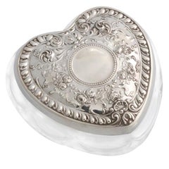 Retro Victorian Style Sterling Silver - Mounted Crystal Heart-Shaped "Trinkets" Box