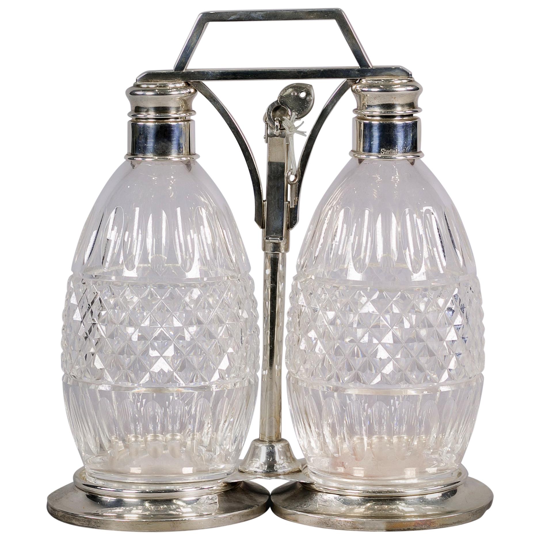 Sterling Silver and Crystal Two Bottle Tantalus Set, 20th Century
