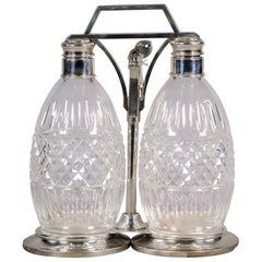 Vintage Sterling Silver and Crystal Two Bottle Tantalus Set, 20th Century