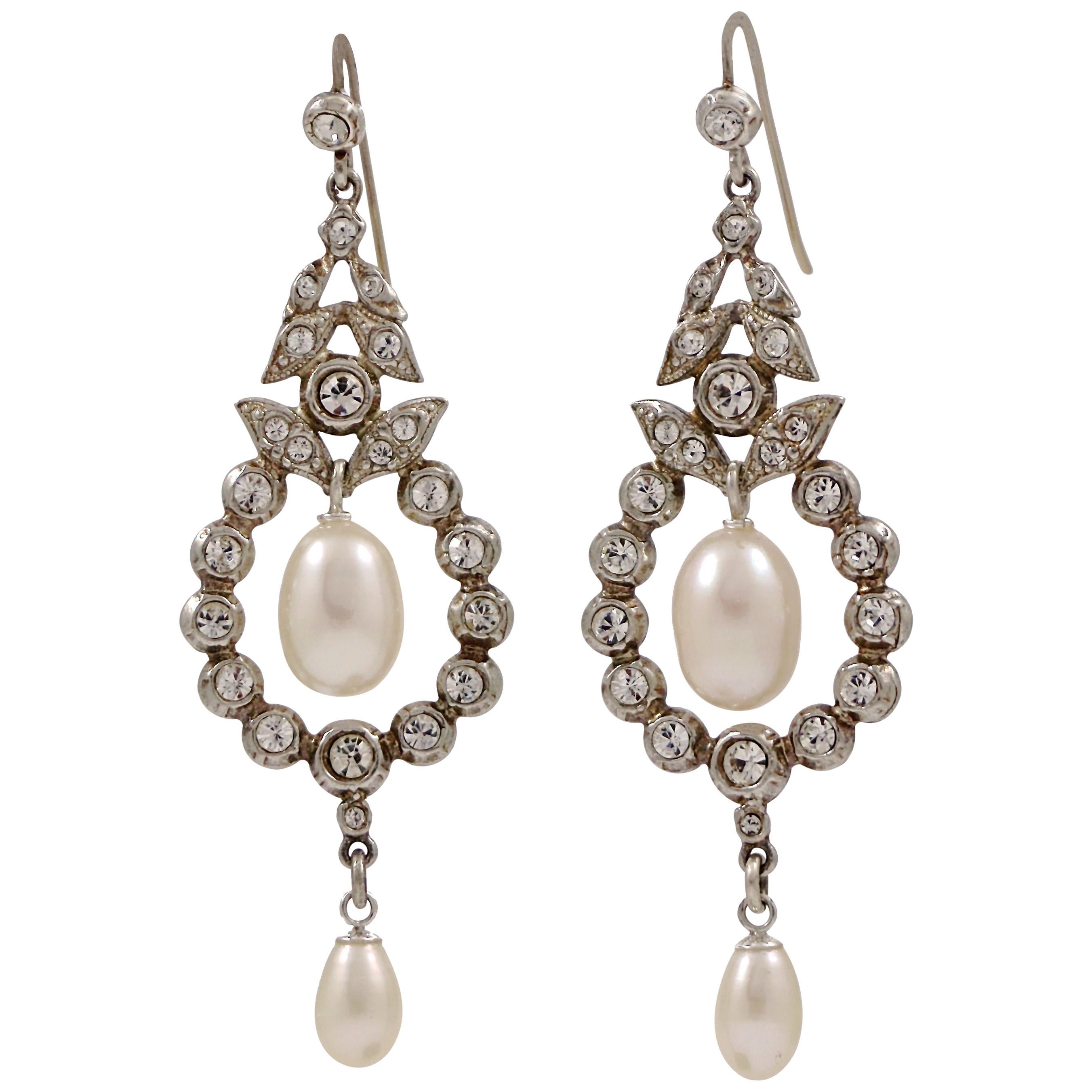 Sterling Silver and Cultured Pearl Clear Rhinestone Drop Statement Earrings For Sale