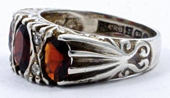 Sterling Silver and Dark Red Garnet Trilogy Ring with Clear Rhinestones 1970s