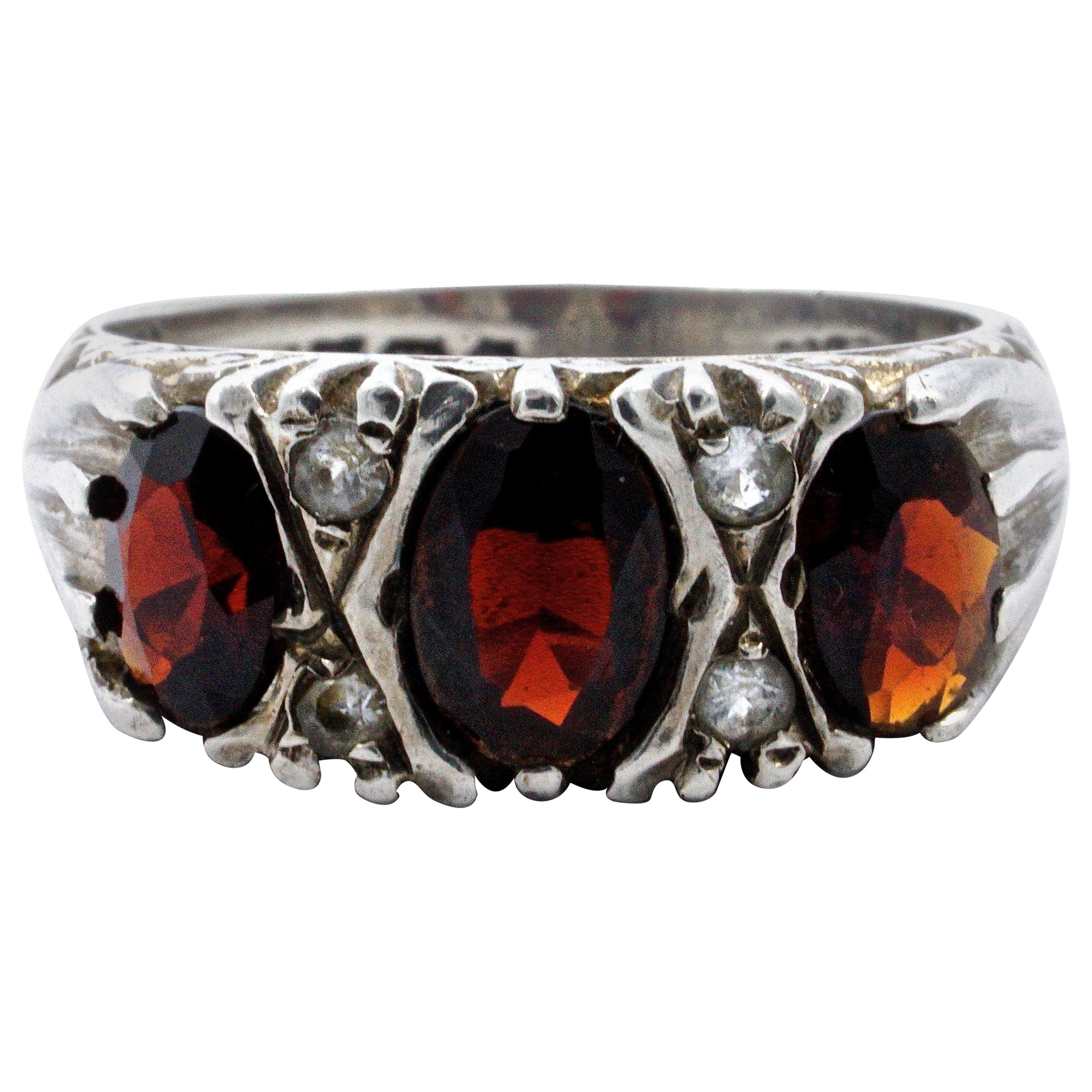 Sterling Silver and Dark Red Garnet Trilogy Ring with Clear Rhinestones 1970s